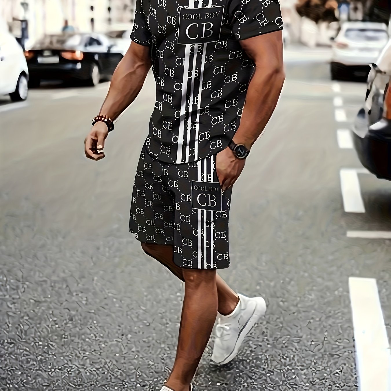 TEMU Men's Summer 2pcs Set With 3d Print Designs - Letter Print T-shirt And Drawstring Shorts, Featuring A Casual Round Neck Short-sleeve T-shirt And