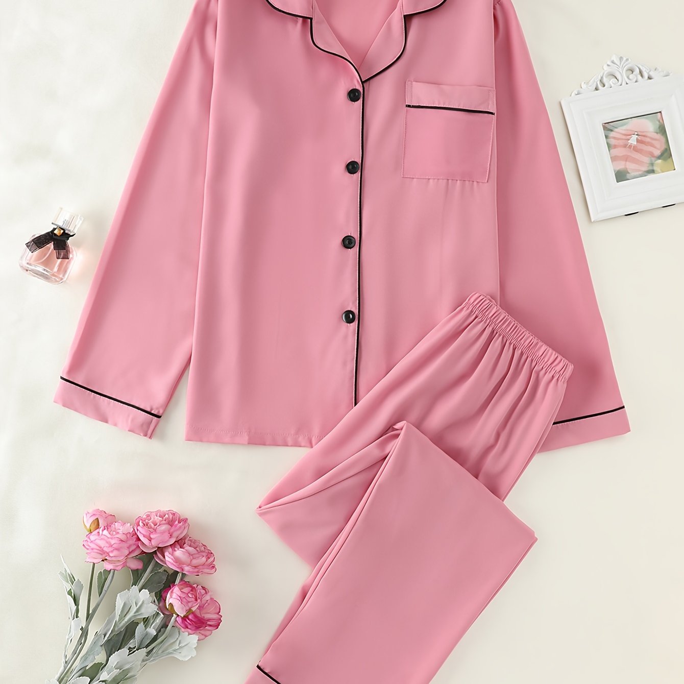 E-shop Wand, Solide Satin Revers Strickjacke Knopf Lange Ärmel Pyjama und Langer Ärmel Pyjama Lässiges Zweiteiliges Wohnaccessoire Damen Pyjama Set