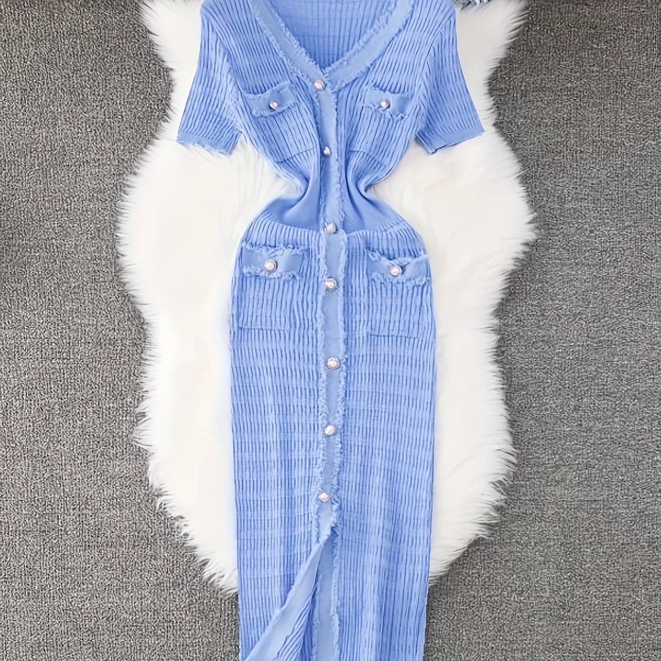 Image of V-neck Metallic Single-button Solid Color Fashionable Fringe Trim Body-hugging Slit Mermaid Dress Ll256