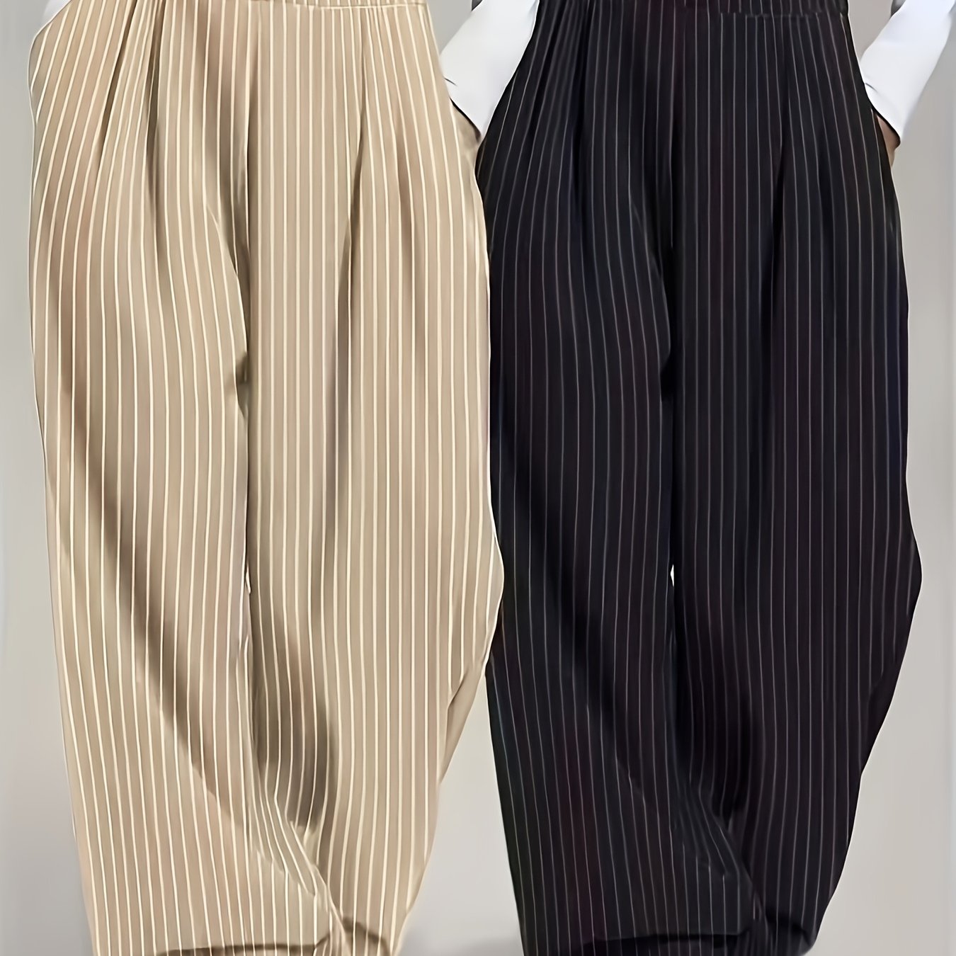 Image of 2pcs Women's Elegant Wide-leg Trousers With Vertical And - High-waist Full-length Pants, Non-stretch Fabric Suitable For , Professional And Semi-formal Wear - Elegant