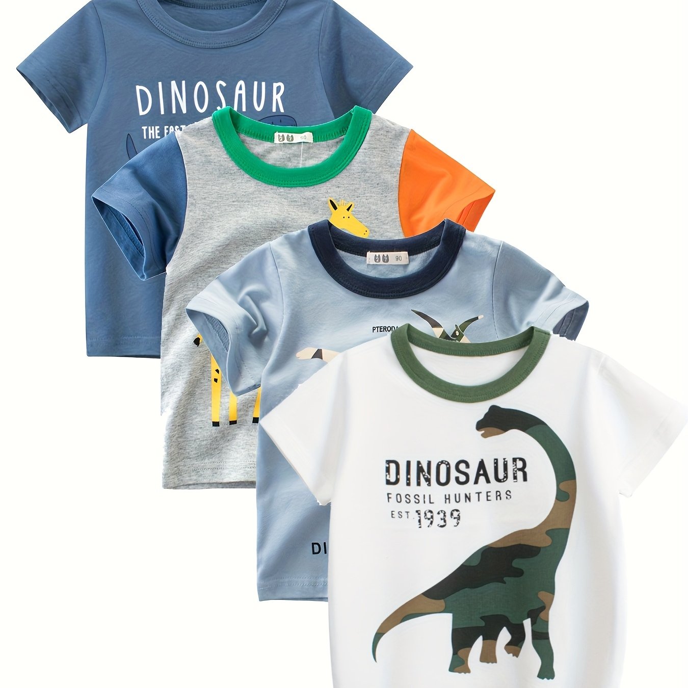 4pcs Summer Kids' Short Sleeve T-shirts, Pure Cotton Cartoon Dinosaur Clothes