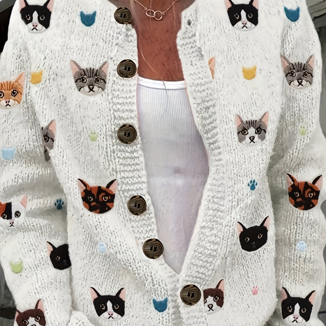 TEMU 2d Flat Pattern Autumn/ New Stylish Versatile Round Neck Long Sleeve Cardigan Women's Top With Cat Pattern Flat Trendy Women's Lightweight