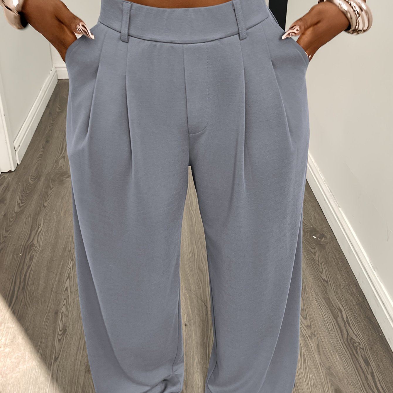 TEMU Plus Size - Kwja Plus Size Solid Fashion Elegant High-stretch Pocket Pleated Women's Wide-leg Long Pants