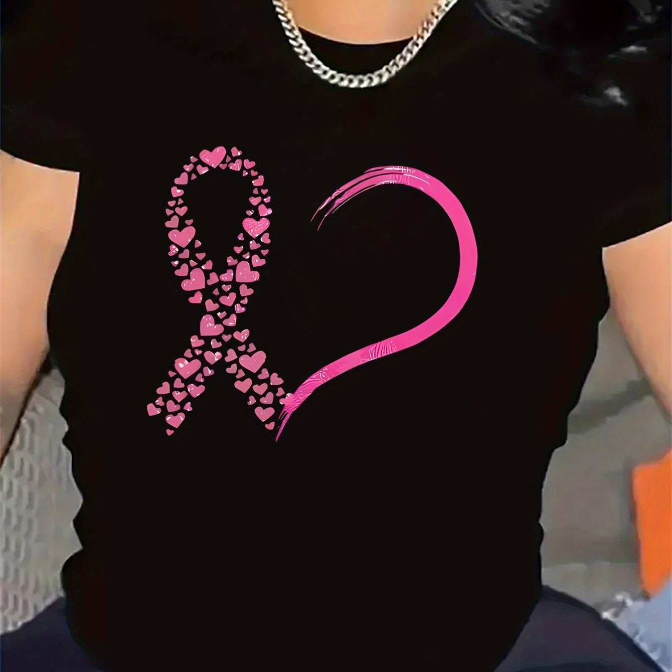 TEMU T-shirt à manches courtes avec motif ruban cœur rose | Confortable et durable, idéal pour une salle à manger ou un salon décontracté, tissu ,