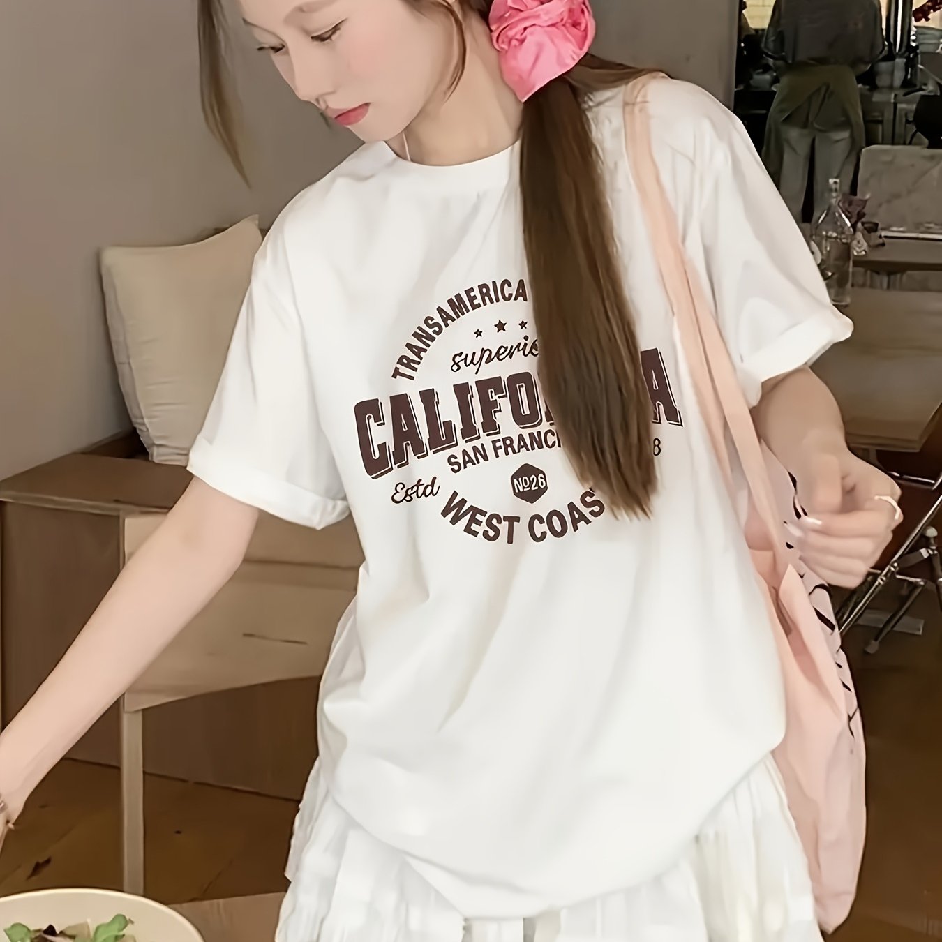 TEMU A Short-sleeved Women's T-shirt With Letter Print Pattern, Casual, Loose-fitting, . Made Of 95% Polyester And 5% Spandex