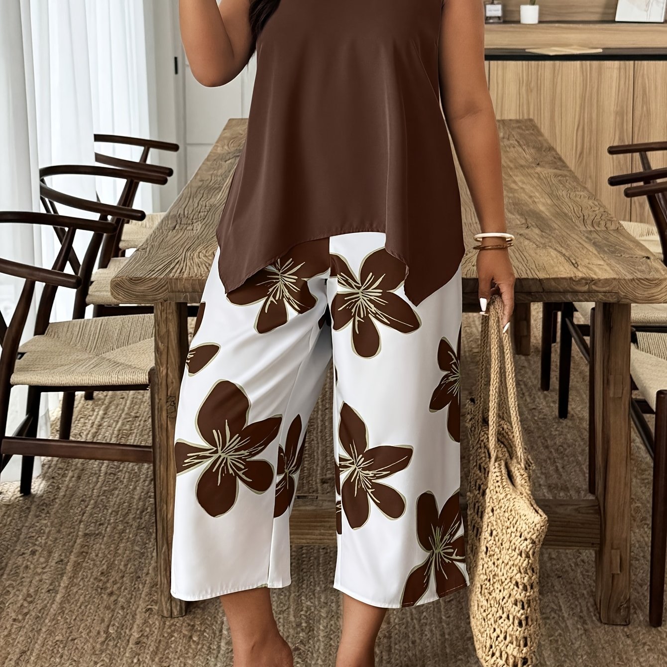 TEMU Talla Grande, Conjunto Casual de 2 Piezas Sin con Estampado Floral para Vacaciones
