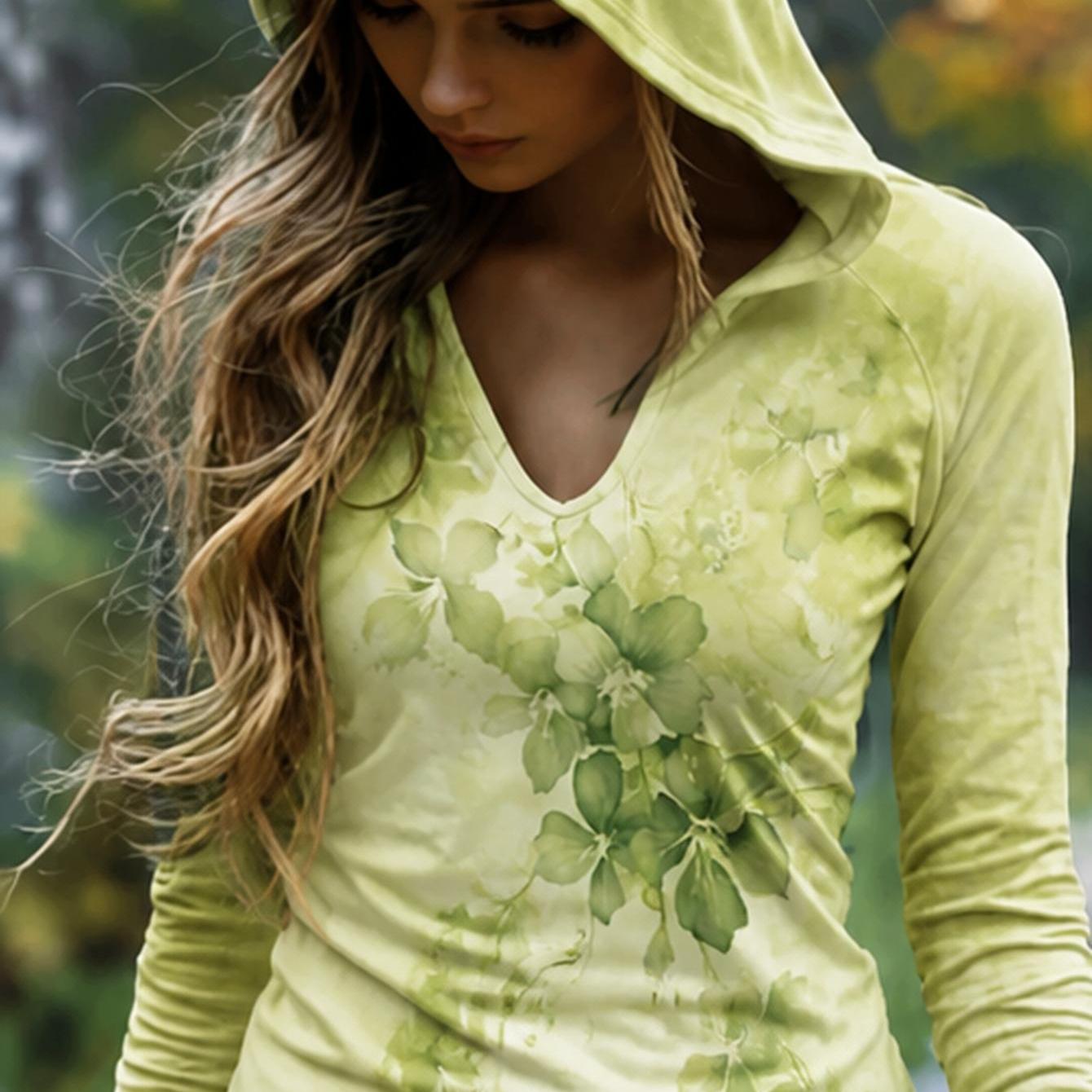 Image of Plus Size Women's Autumn And Winter Vintage Hooded Light Green Marble Print Long Sleeve V-neck Top, Thin Casual Top Suitable For Outdoor Photography Fashionable Hoodie