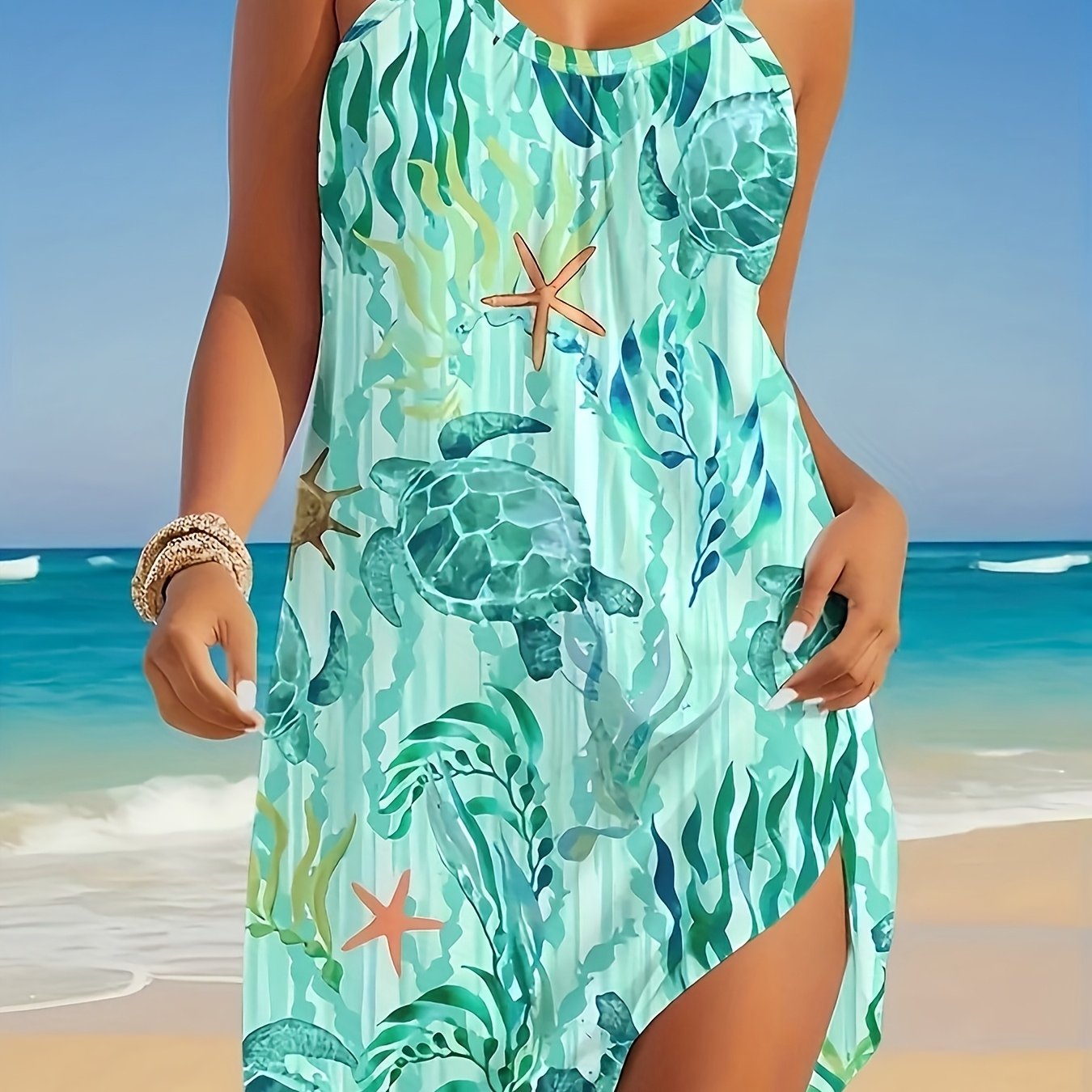 Plus Size - Round Neck Printed Cami Dress