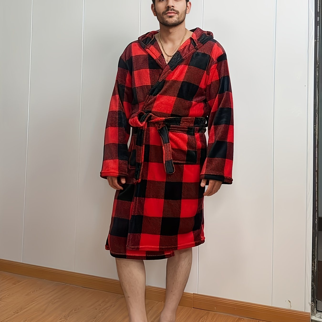 TEMU 2025 's Robe, Black And Red Check Pattern, Hat-worn Bathrobe, Long Sleeve, Loose Fit, Men' Robe, Belt-decorated Pajamas, Essential Item For Lazy