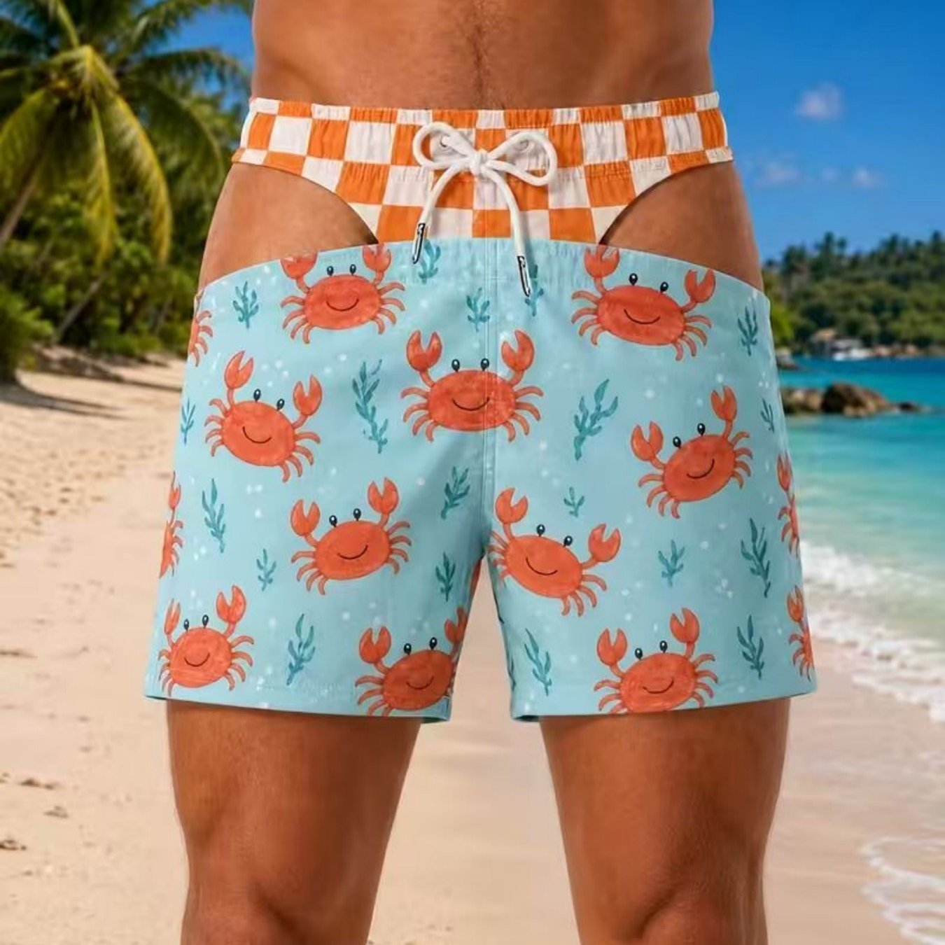 TEMU [printed Design – Not Textured] Men's Creative Printed 2-in-1 Look Beach Shorts With Crab, Print, Loose-fit Shorts For Seaside Surfing And