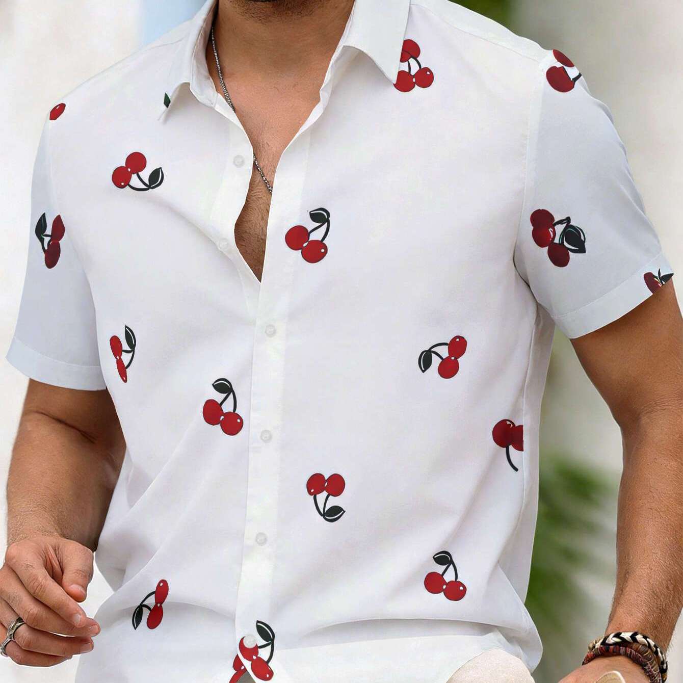 TEMU Men's Casual Short Sleeve Shirt With And Scattered Red Cherries And Green Leaves Pattern, Machine Washable , Fashion Button-up Shirt