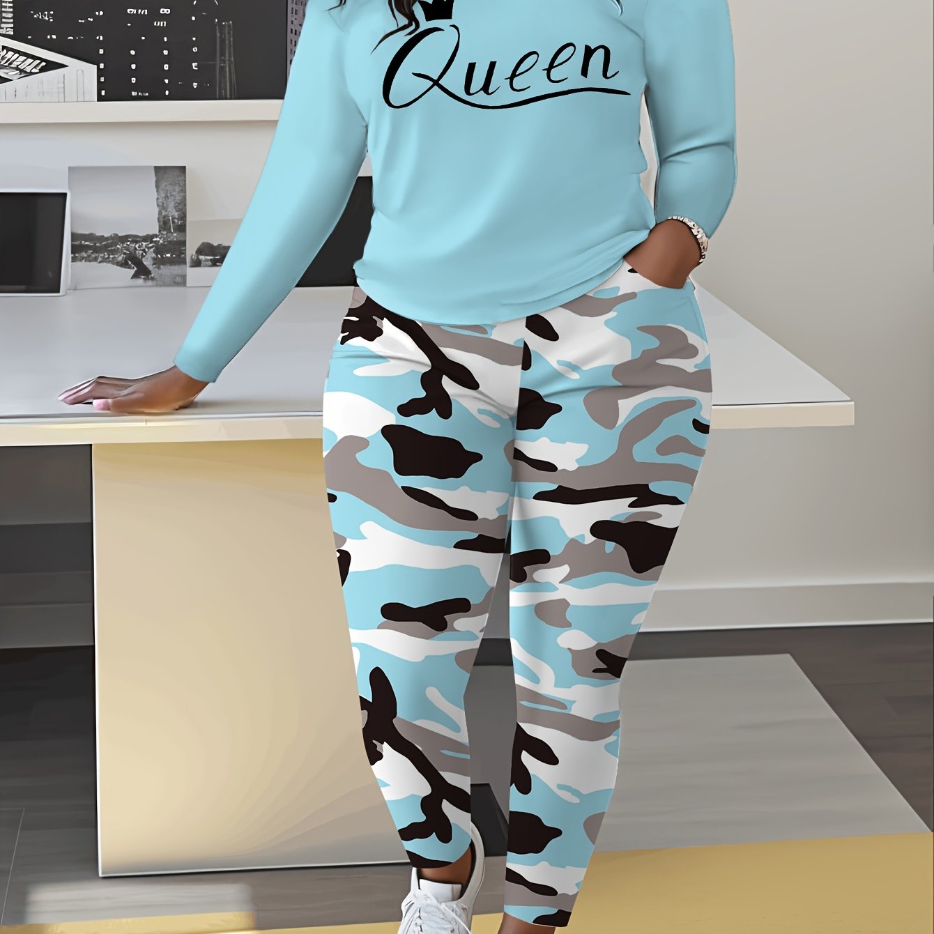 Image of Women's Fashion 2pcs Set, Letter Print Long Sleeves With Camouflage Style Trousers, Suitable For Daily And Casual .