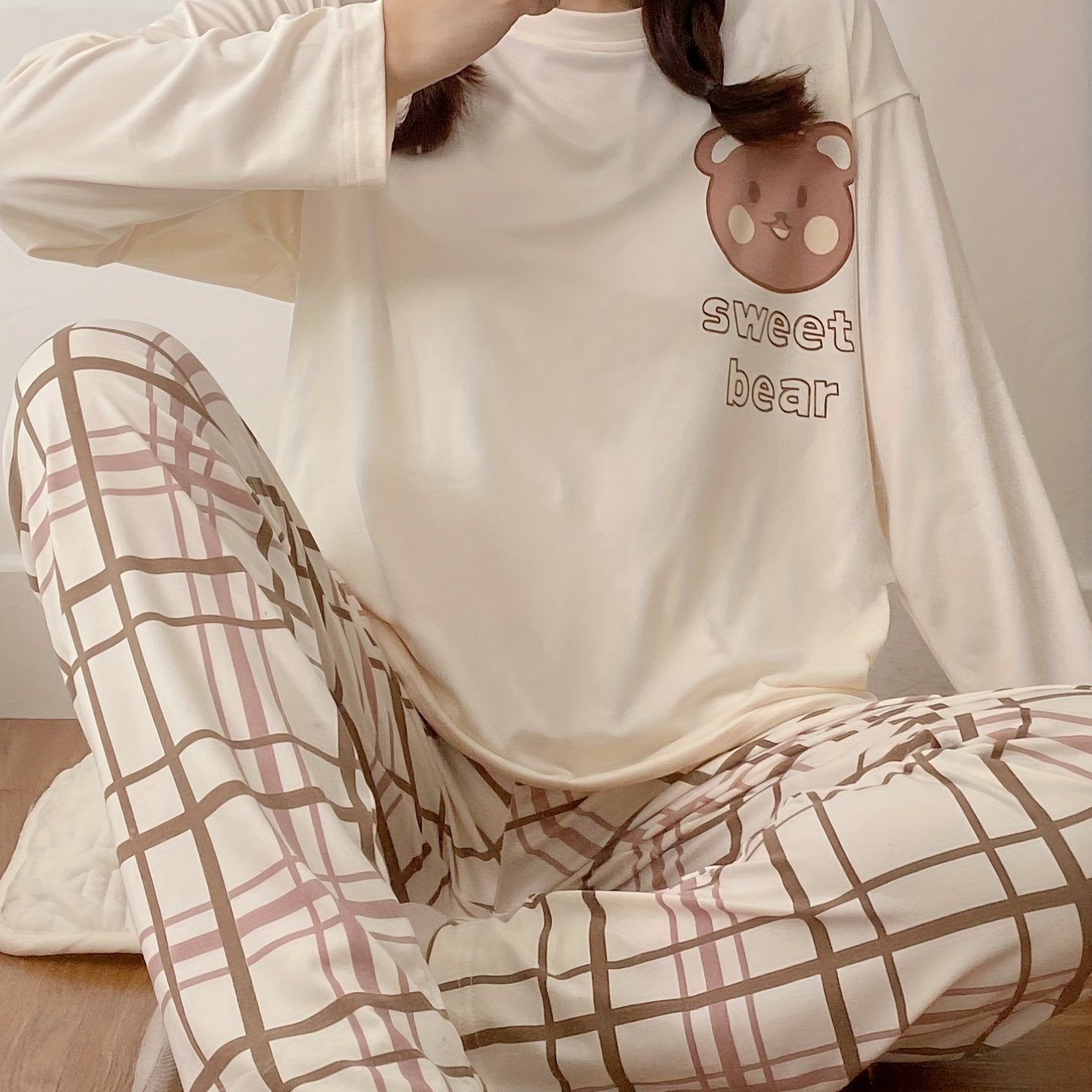 TEMU Cartoon Bear & Art Letter Print Pajama Set, Long Sleeve Crew Neck Top & Plaid Pants, Women's Sleepwear & Loungewear