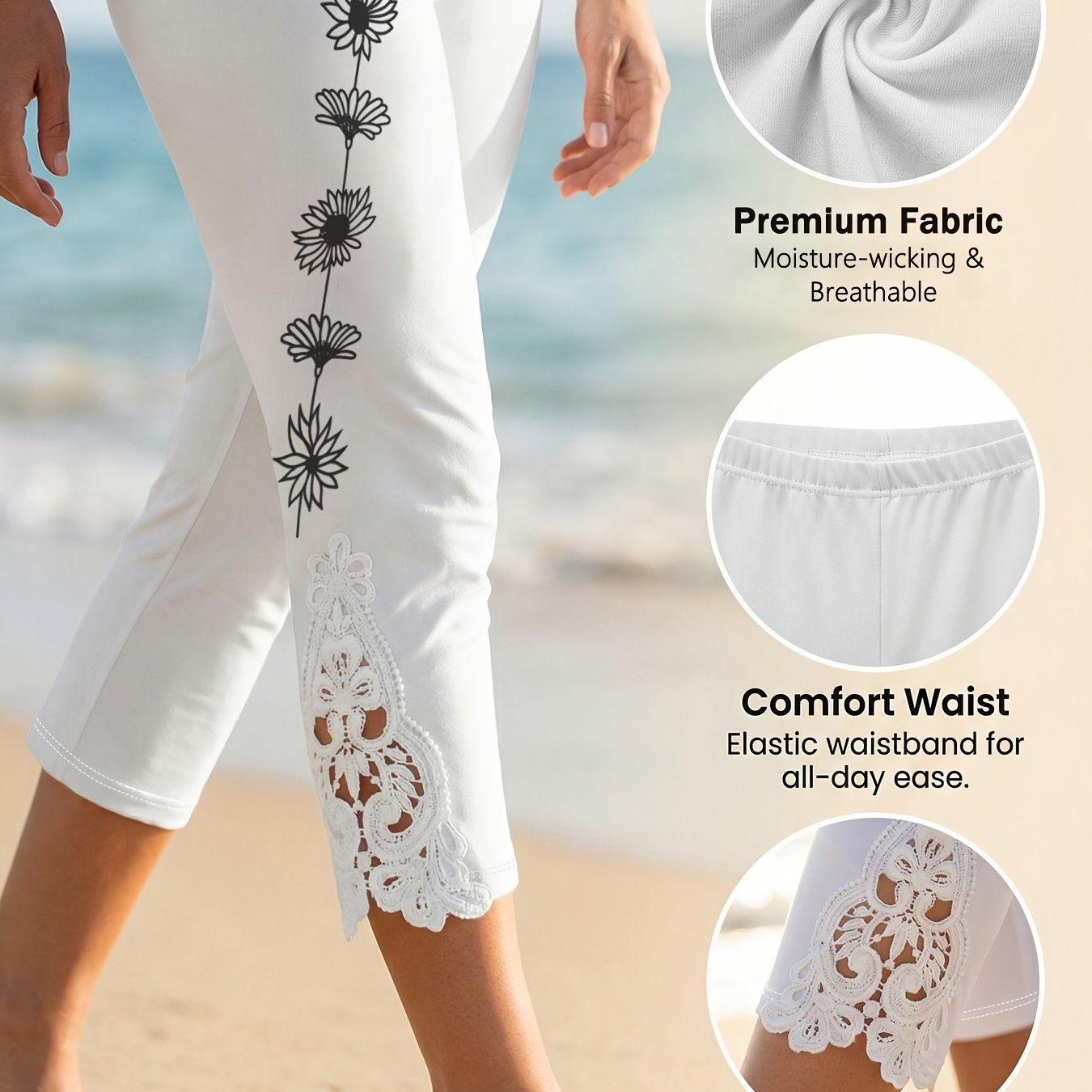 E-shop Damen-Caprihose in Übergröße, Freizeithose mit seitlichem Blumendruck/Spitzen-Patchwork-Design am Saum, bequemer elastischer Bund, geeignet für