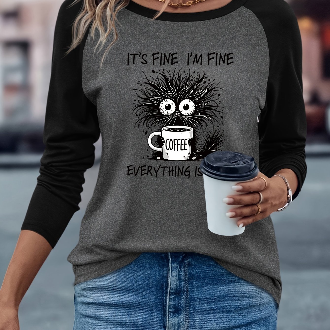 TEMU Black Pattern Print Western Style Women's Casual Easy Versatile Comfortable Contrast Round Neck Shoulder Cut Long Sleeve T-shirt