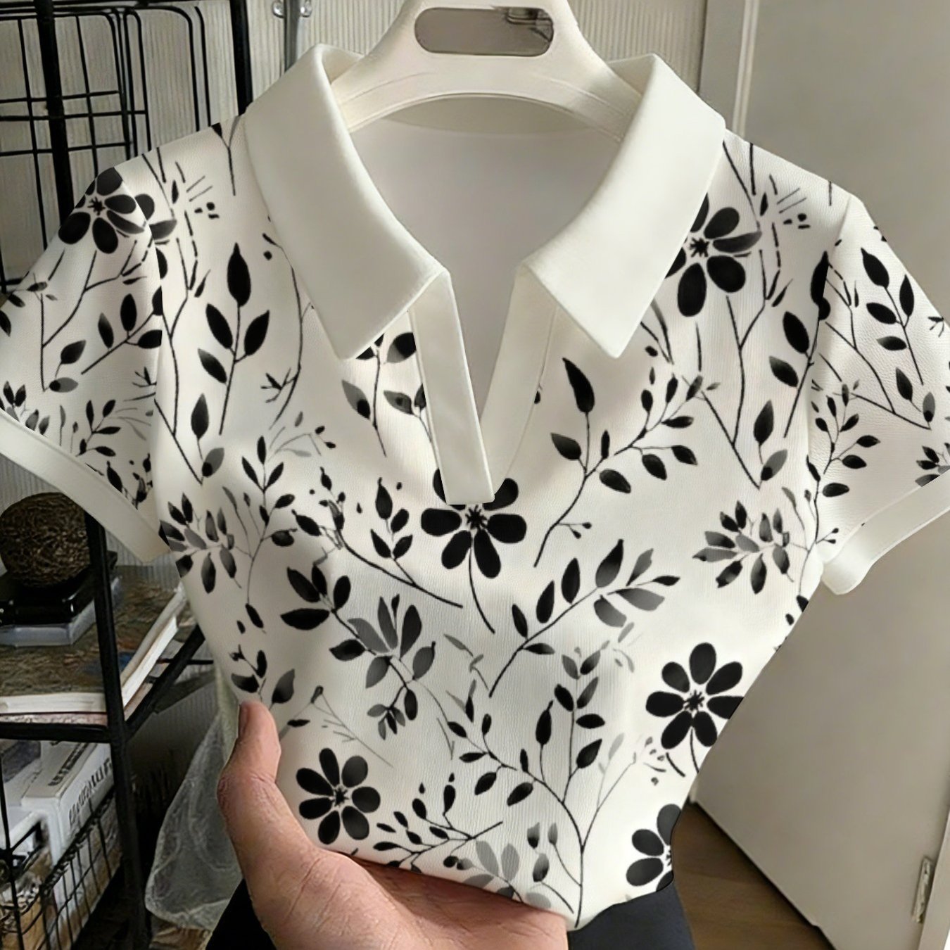 TEMU 【商品名】レディース 多用途 ボタンレス ポロシャツ、白 モノクロ 写真 モノクロ 白黒 花柄デザイン モチーフ ラッピングペーパー 壁紙、ファッショナブル 多用途 カジュアル トップ