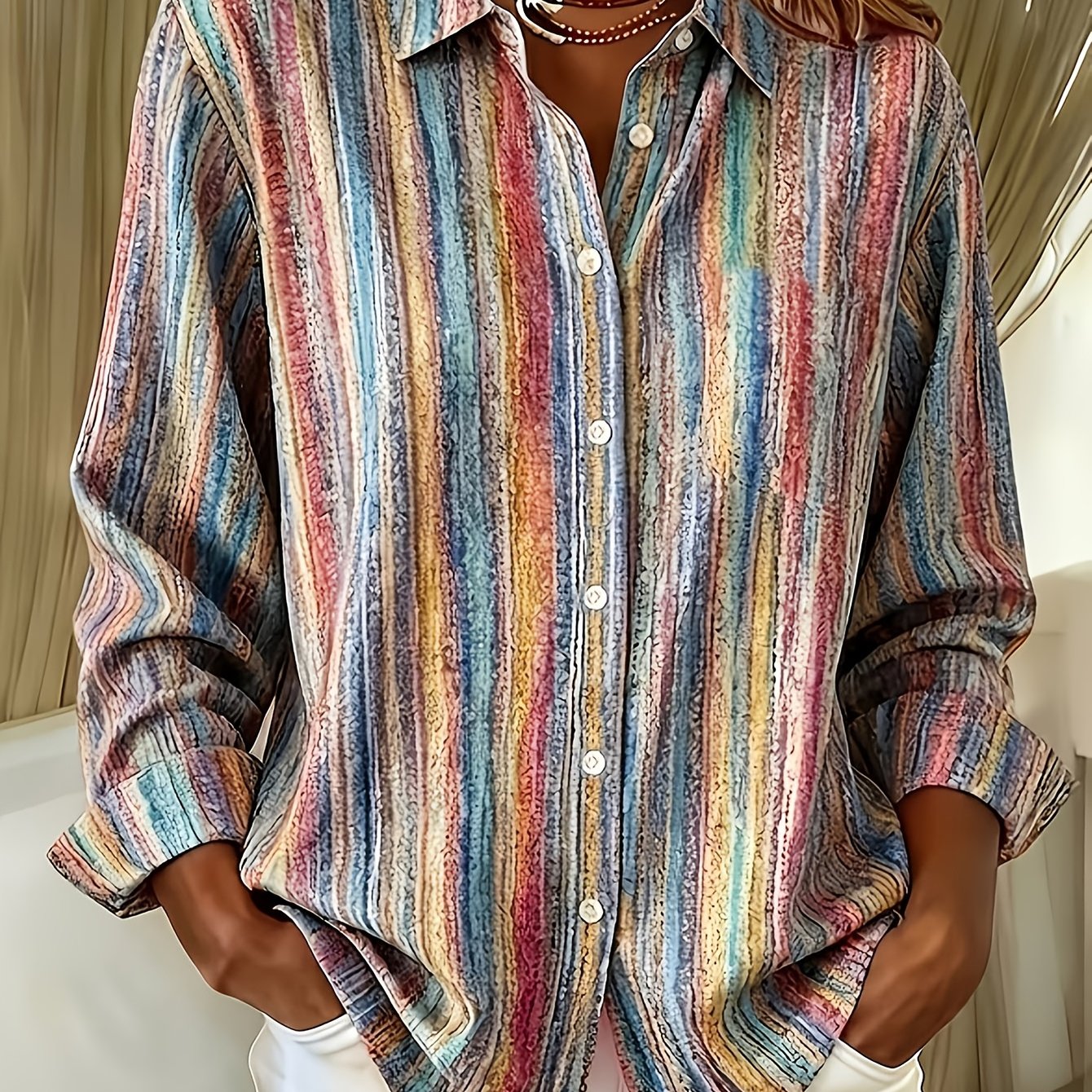 TEMU Elegant Special Edition Women's Printed Striped Shirt - Long Sleeve Button- Shirt, Classic Collar, Machine Washable And Dry