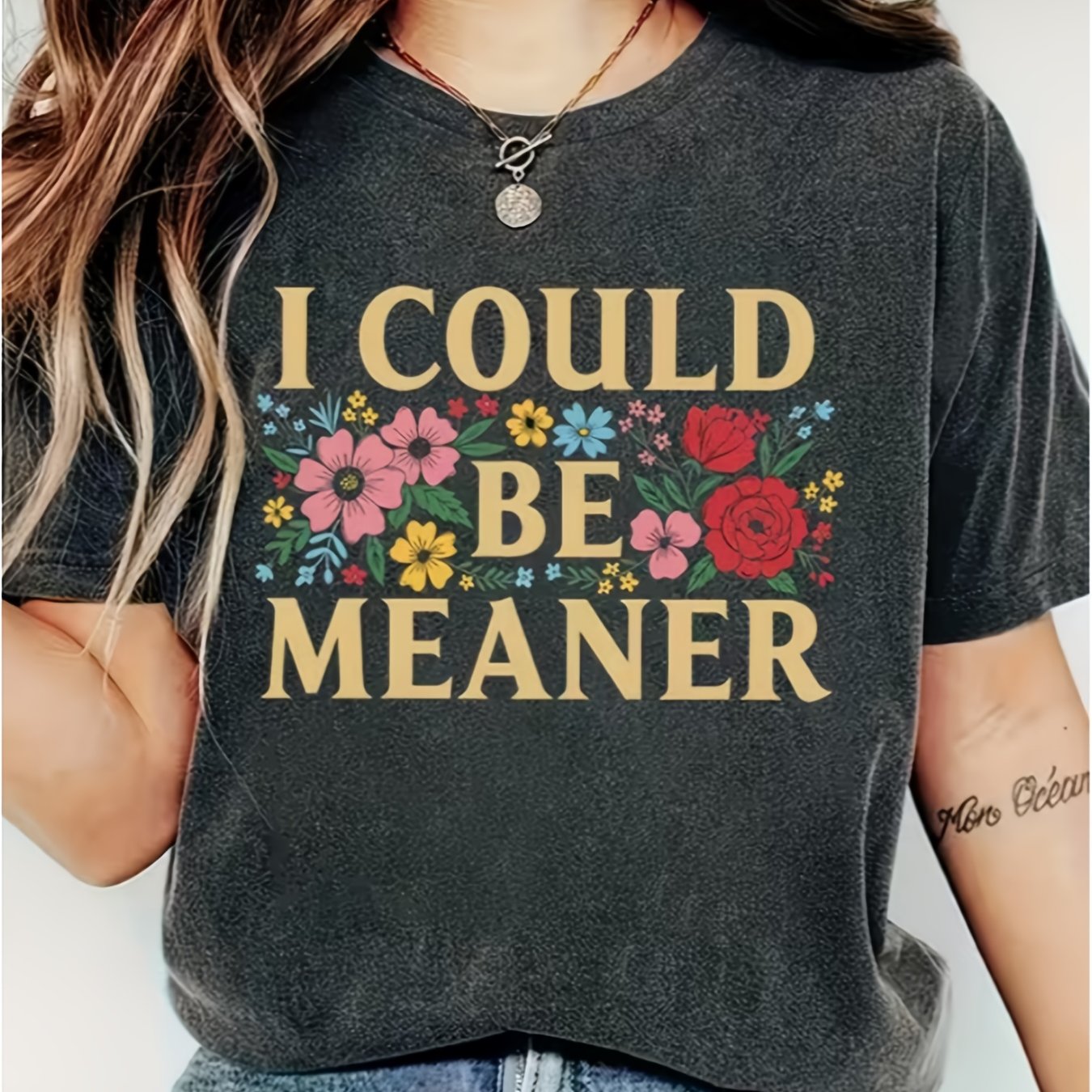 TEMU I Meaner Print Women's Casual T-shirt, Round Neck Short Sleeve T-shirt, Machine Washable, Simple And Versatile Breathable Spring And Summer