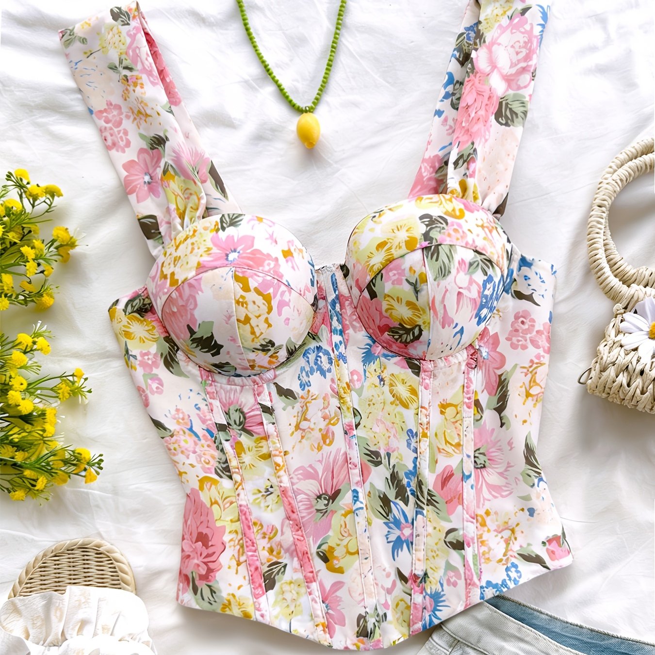TEMU Elegant Floral Print Top, Pattern Back Tie Thick Strap Sexy Short Vest Suitable For Valentine's Day Party, Date Night And Beach, Women's Spring