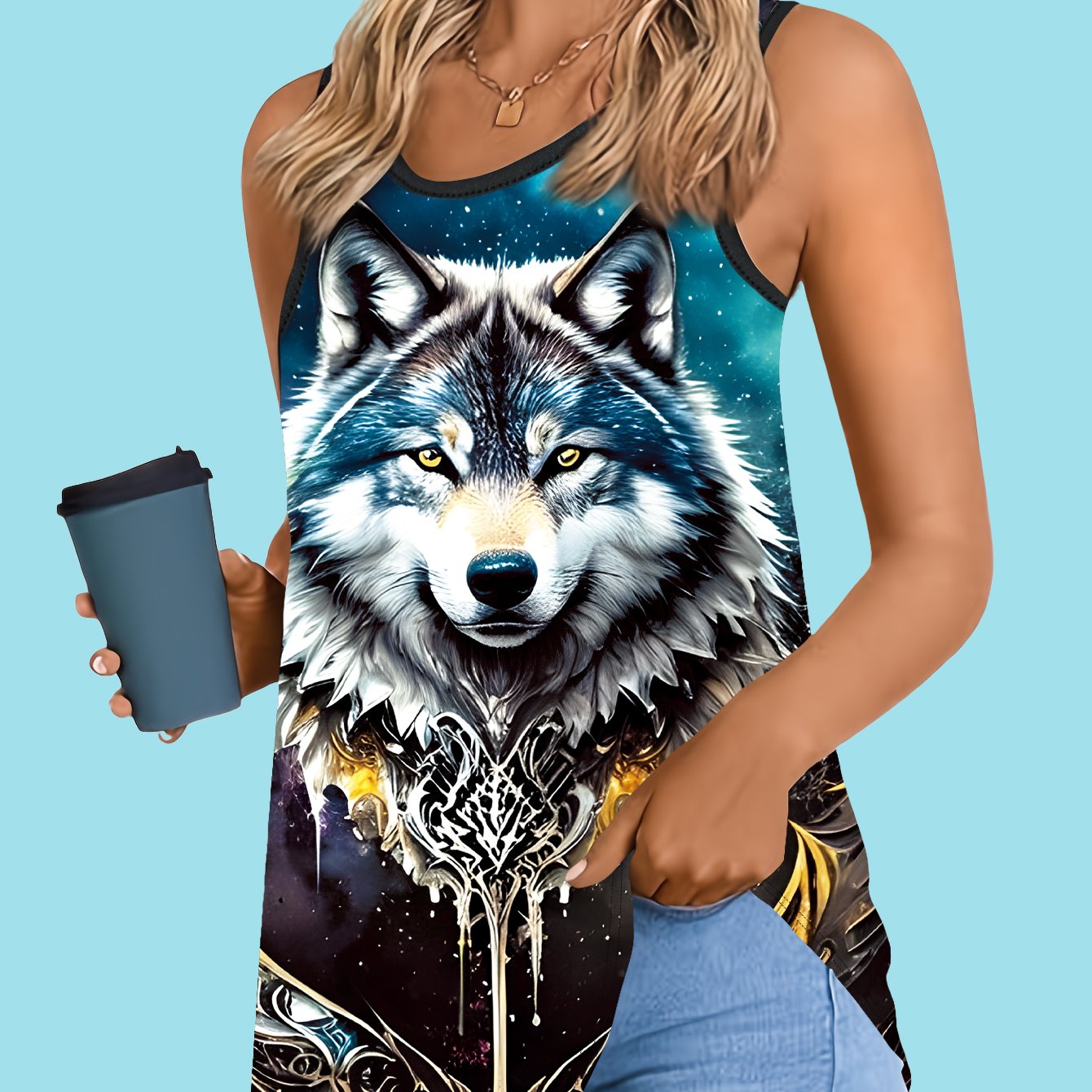 TEMU 1pc Wolf Spirit Dreamcatcher Print Round Neck Sleeveless Vest Bohemian Style Top