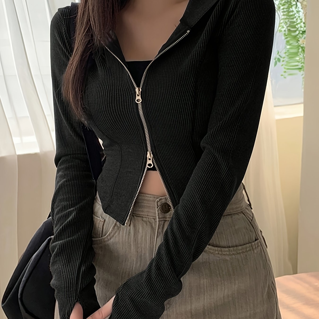 TEMU Women' Color Elegant Slim-fit Lightweight Short Double-zipper Hooded Casual Jacket