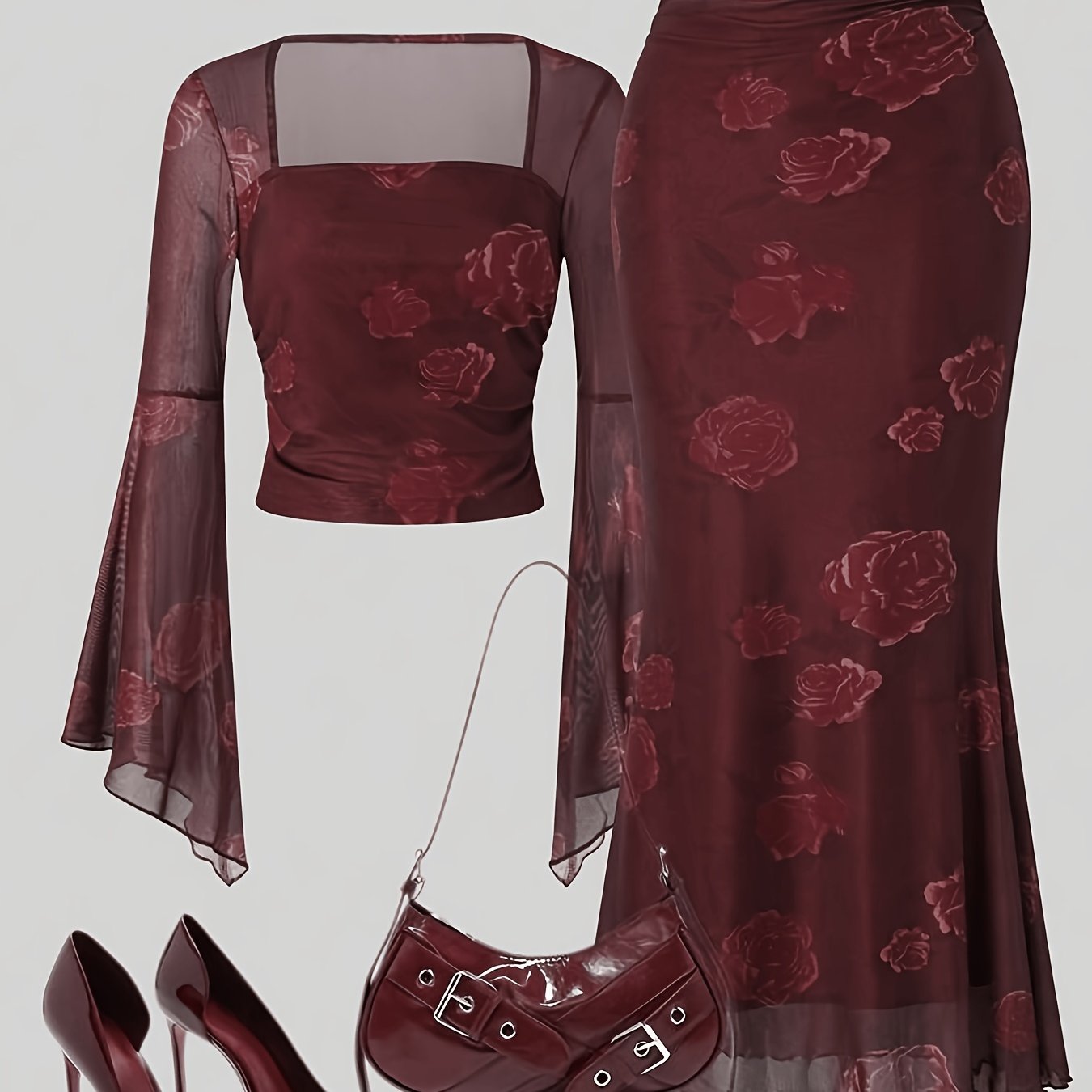 TEMU Ensemble 2 pièces pour femme : Haut à imprimé rose et jupe sirène (imprimé asymétrique)