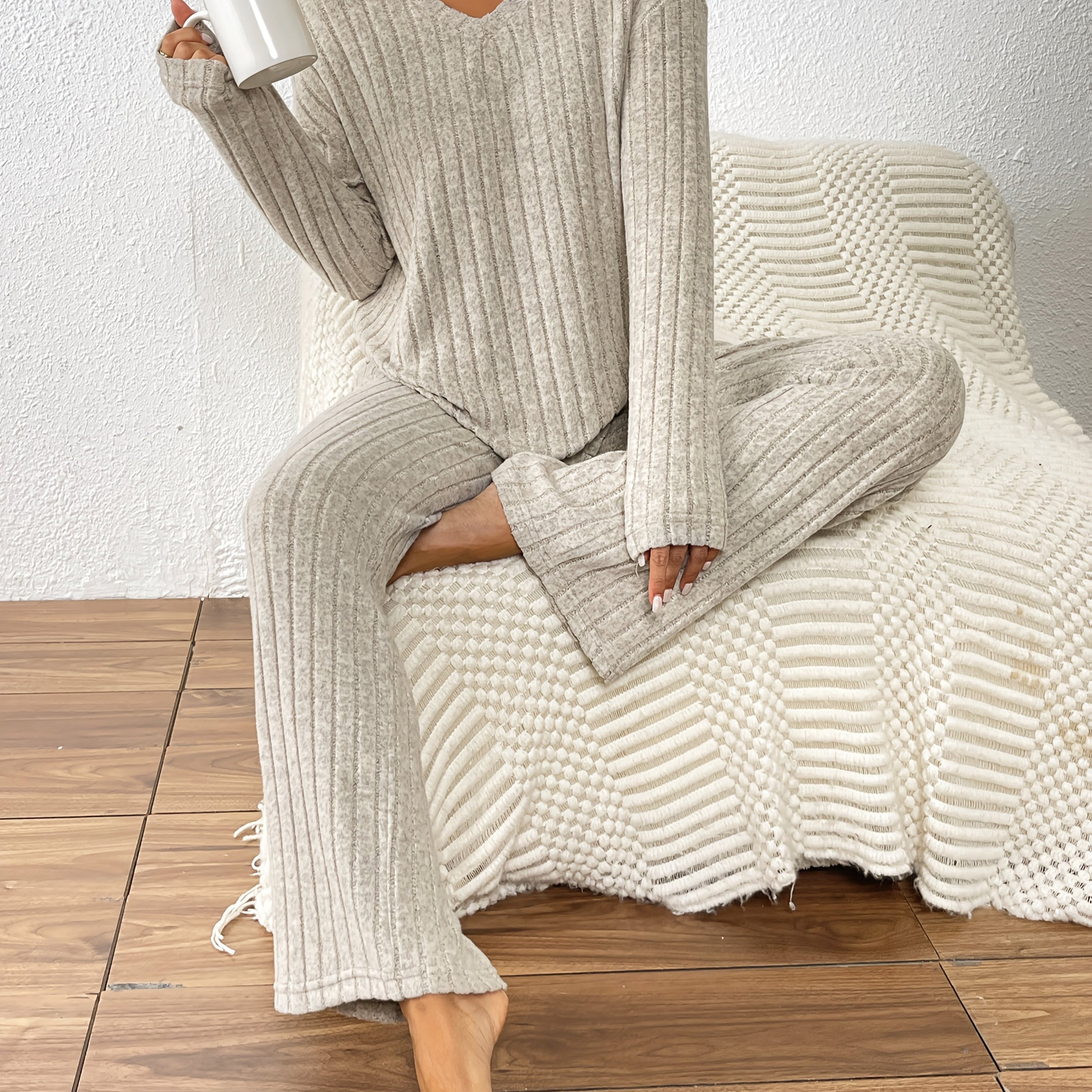 TEMU Herfst- en winter ribgebreide fleece top met V-hals en pitstrips + casual losse rechte pijpen lange broek set