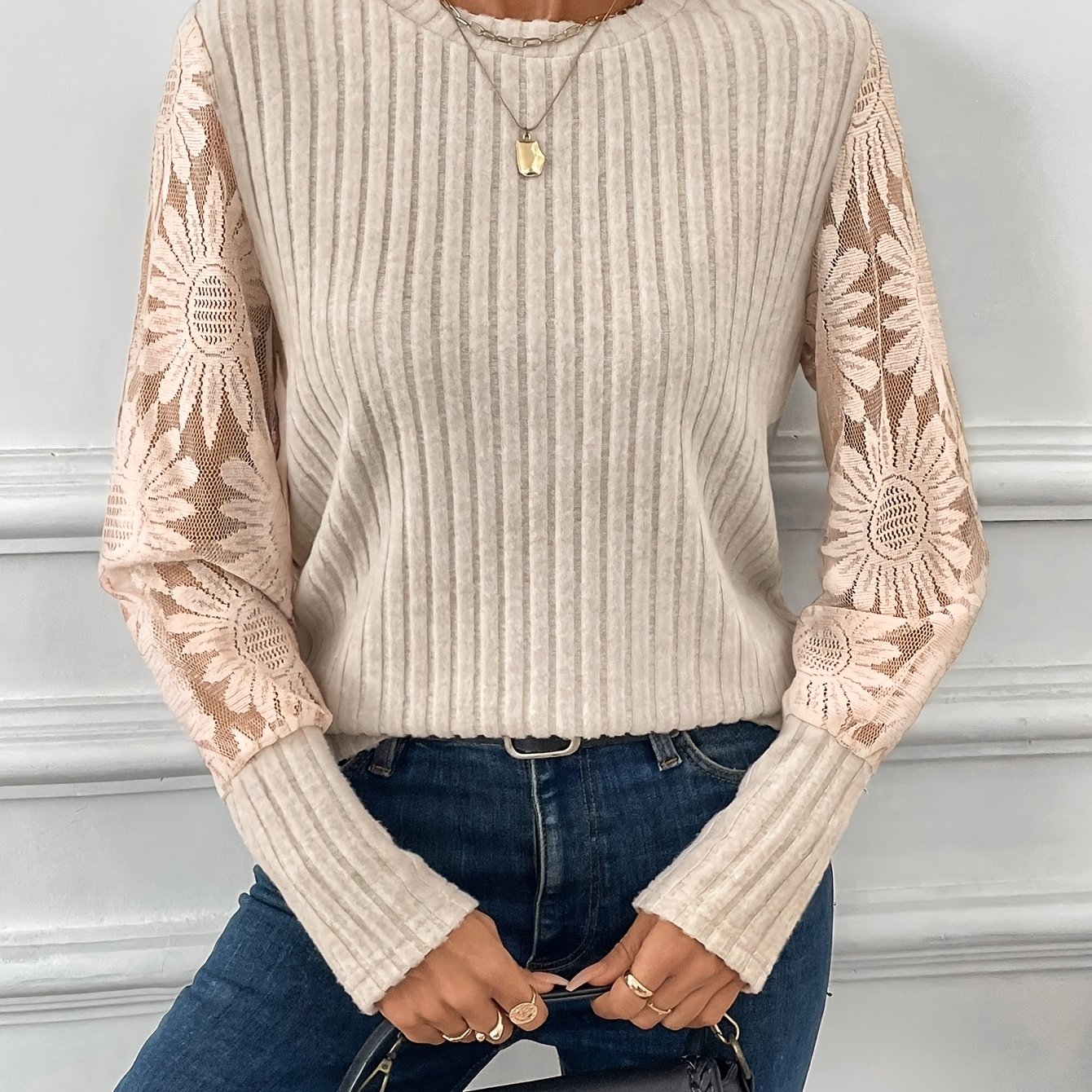 TEMU Pitted Rib Lace Spliced Casual Long-sleeve Top