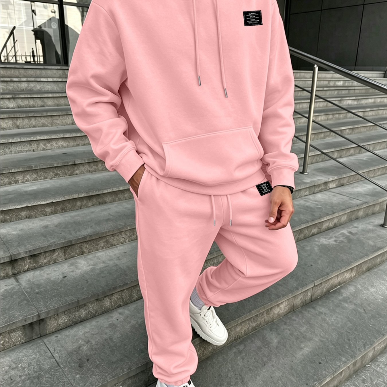 TEMU Men's Autumn/ Daily Casual Sportswear Set With Logo Pattern Hooded Sweatshirt And Logo Sweatpants