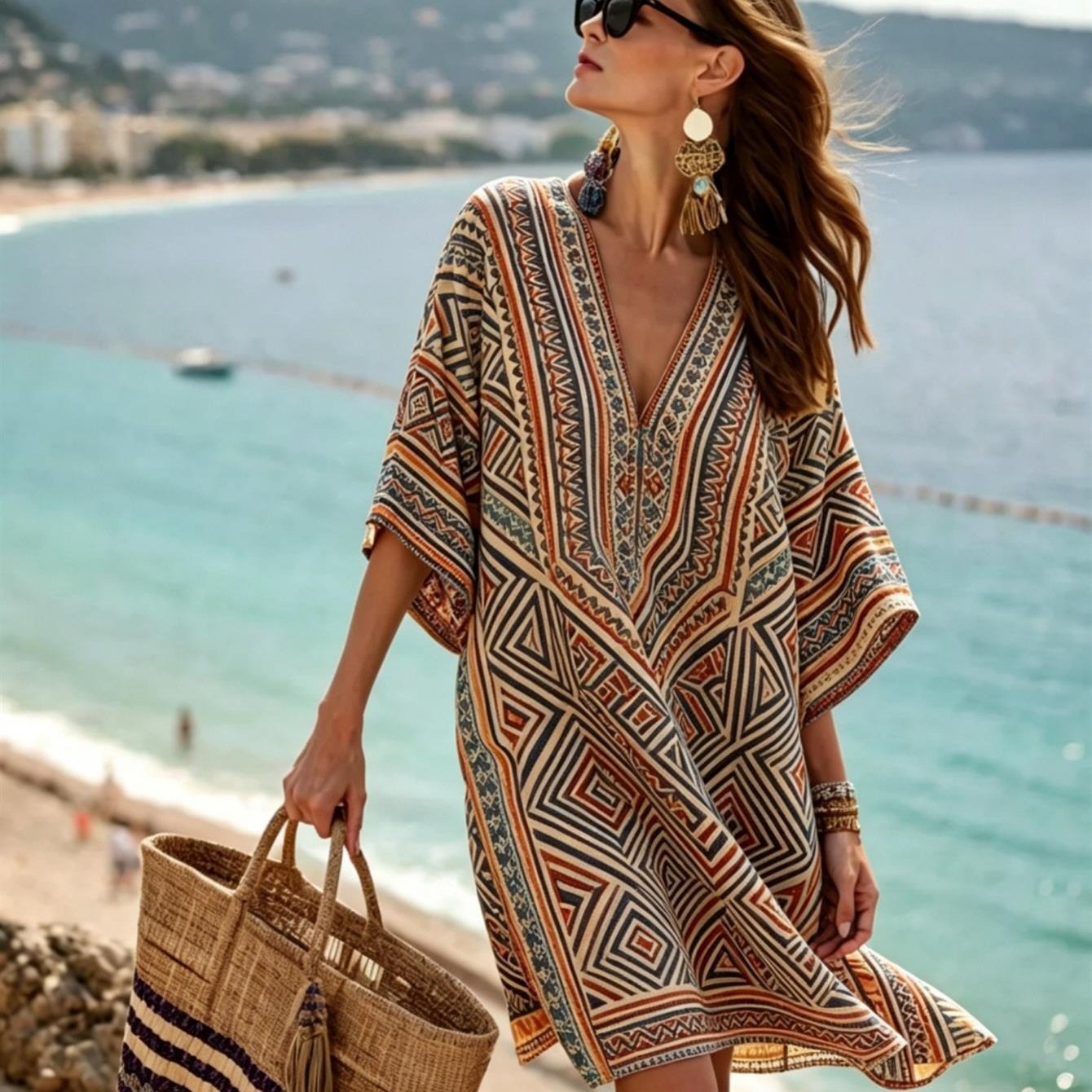 Plus Size Women's Tribal Geometric Print Kaftan Dress, Diamond Line Tunic For Coastal Photo Looks And Resort Styling
