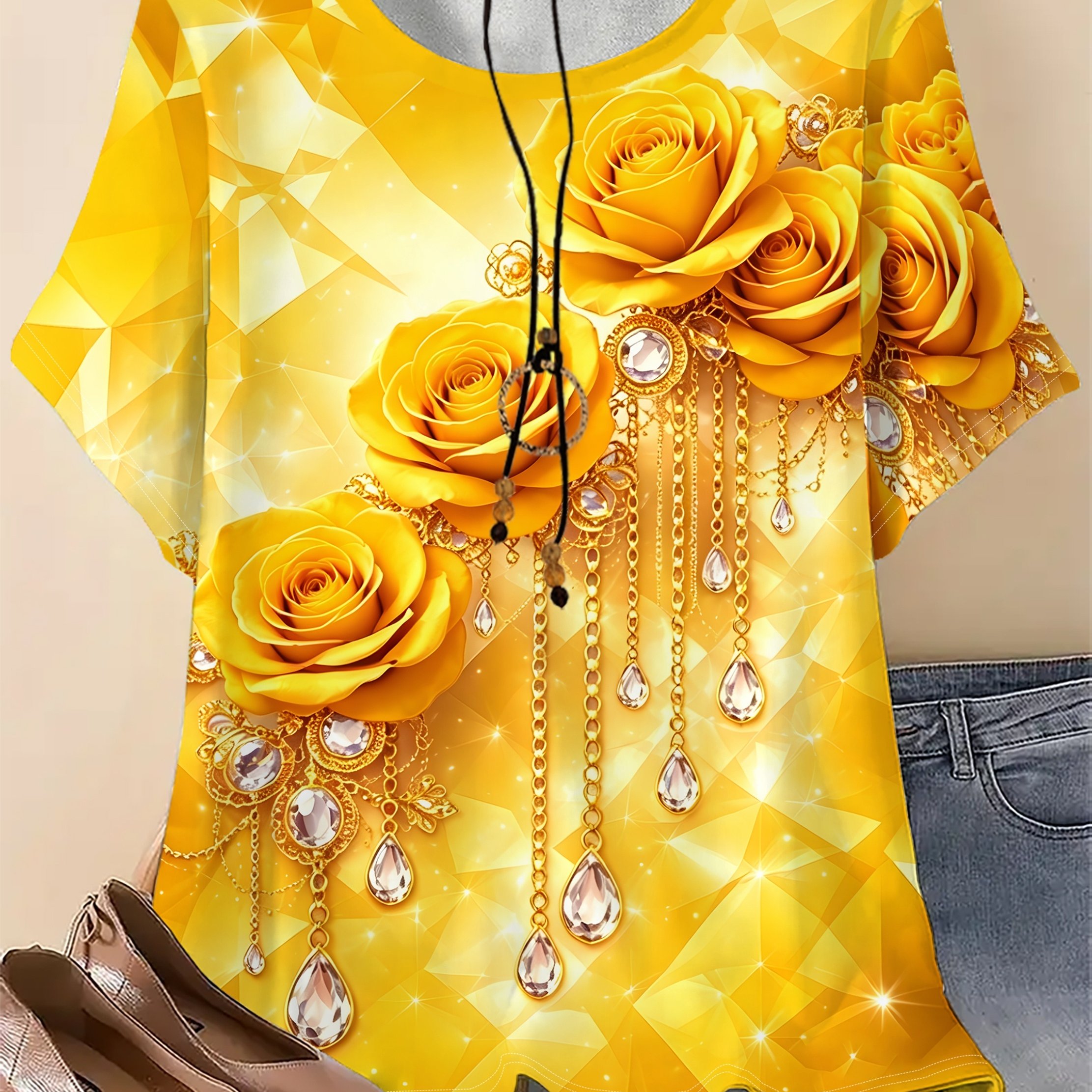 TEMU Plus Size - Plus Size - Plus Size Women's Oversized Rose Print T-shirt - All Short Sleeve Shirt For Casual And, Round Neck Loose Top, Machine
