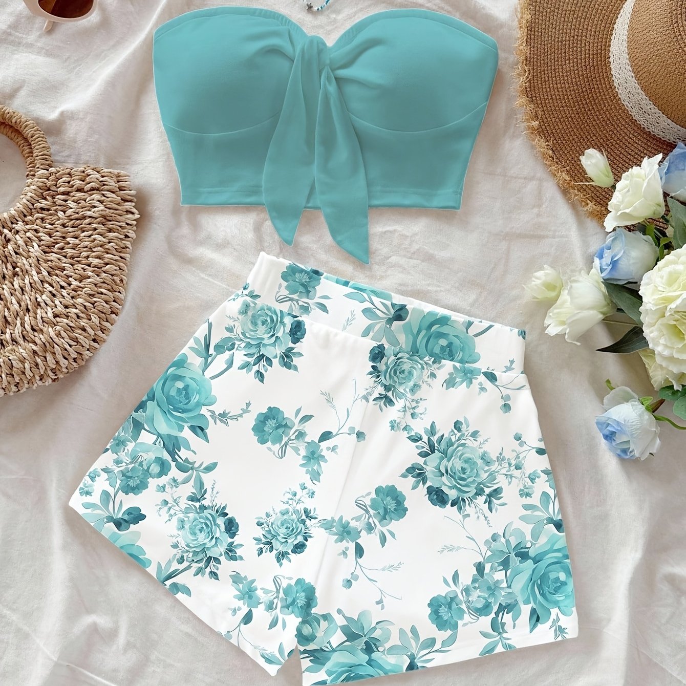 TEMU Turquoise Vintage Floral Pattern Vintage Style Casual Vacation Sexy Cute Y2k Bohemian Music Festival Summer Women's 2pcs Set Vacation Outfit