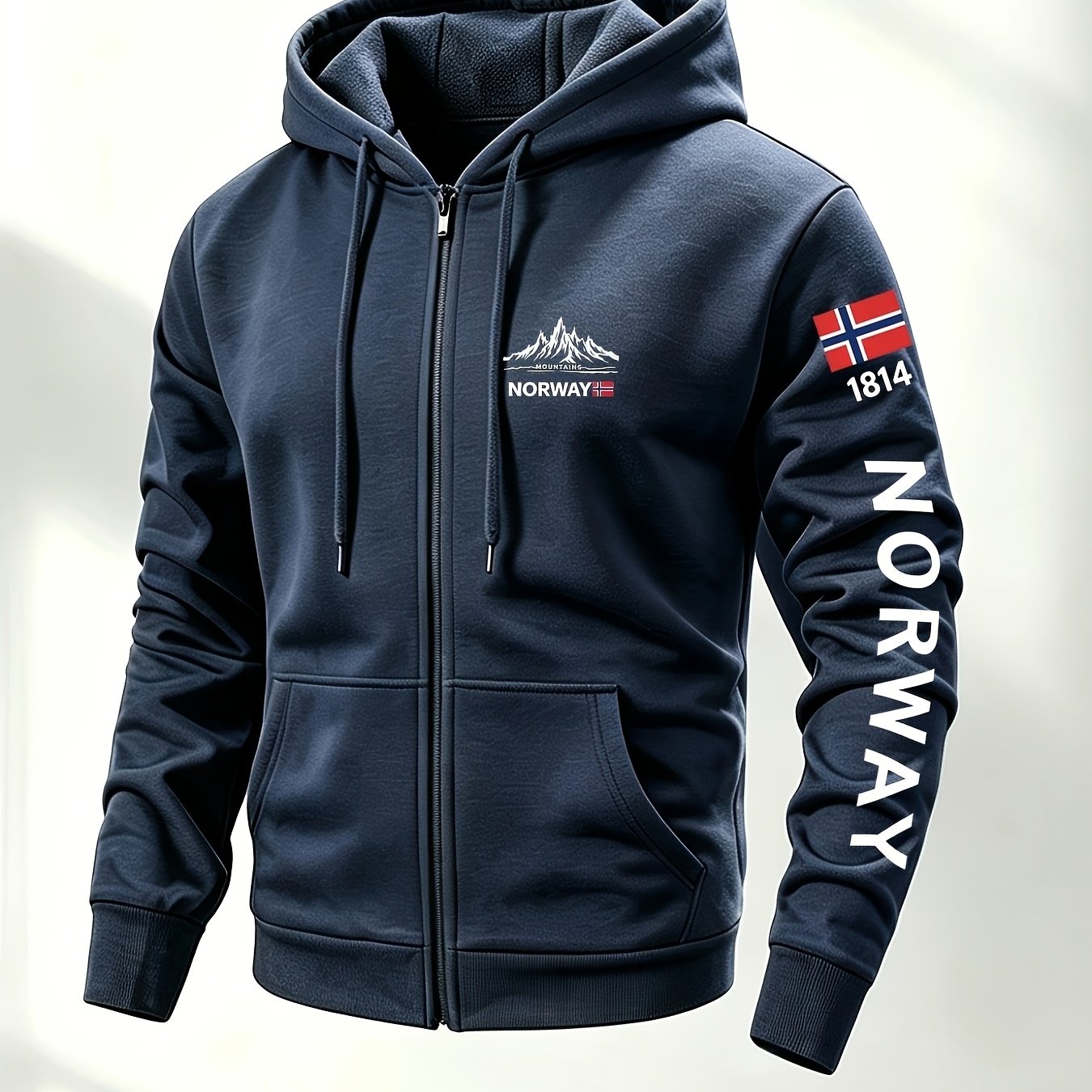 TEMU Sweat à capuche zippé pour homme, doublé en bleu marine, veste de sport avec imprimé de montagne et lettre Norvège, capuche à cordon avec poches