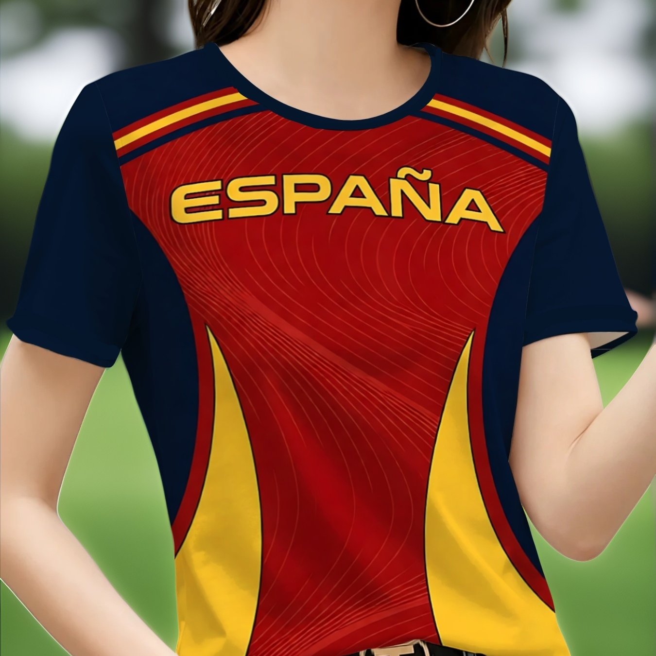 TEMU [printed Design â Not Textured] Women's Spanish Flag Pattern Loose T-shirt â Letter Color-block Round Neck Short Sleeve â Summer Casual Top