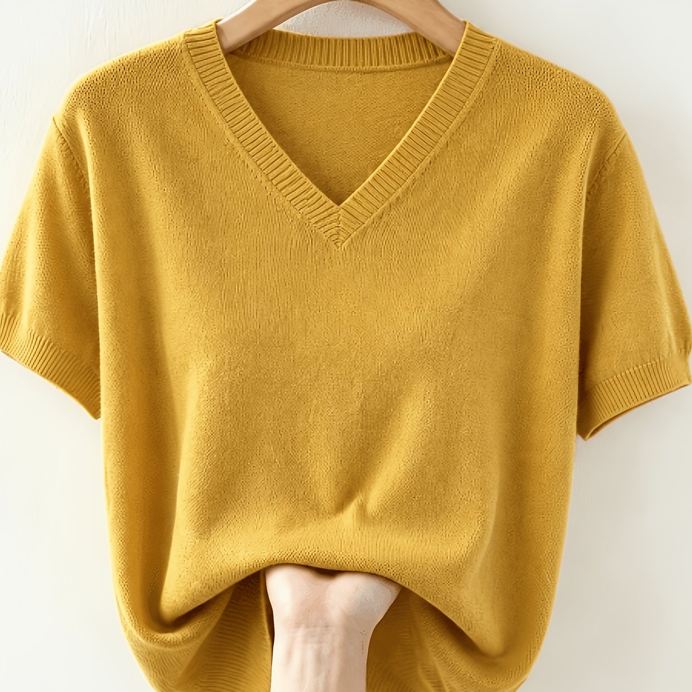 TEMU Nouveau haut élégant et polyvalent pour femme, pull T-shirt à manches courtes et col en V, en tissu en fibre de glace, pour /été