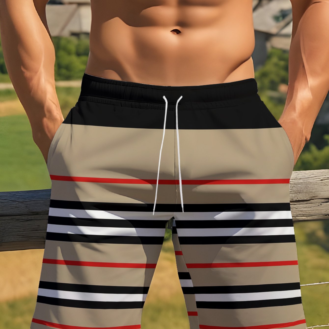 TEMU [print Design â Not Texture] Plaid Striped Print Beach Shorts, Casual Drawstring Waist Swim Trunks. British Style Shorts, Perfect For Summer ,