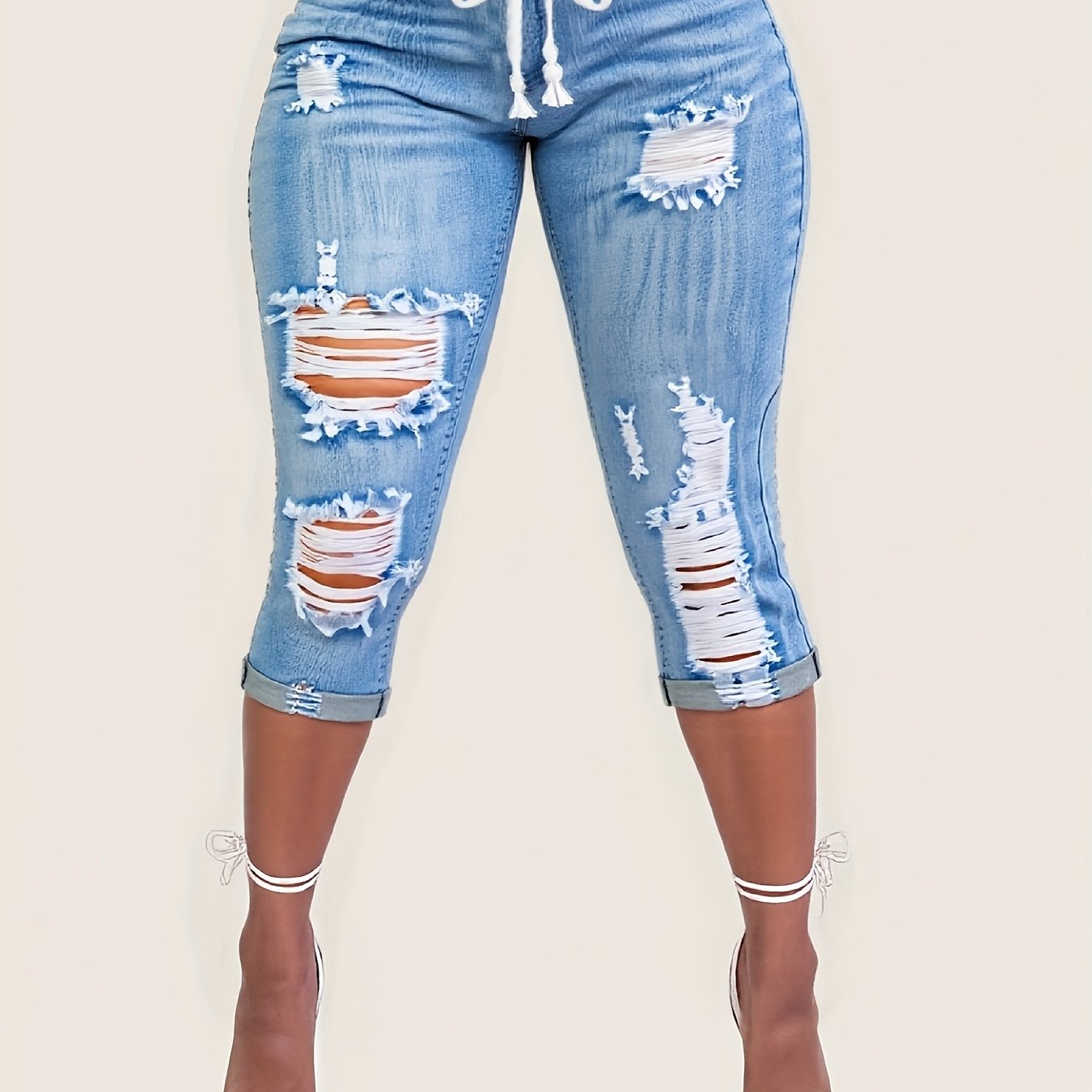 TEMU Women' Blue Jeans - Stretchy Skinny Fit With Pre-distressed Holes, Mid-rise Drawstring Hem, Non-see-through Denim For Everyday & Party Outfits -