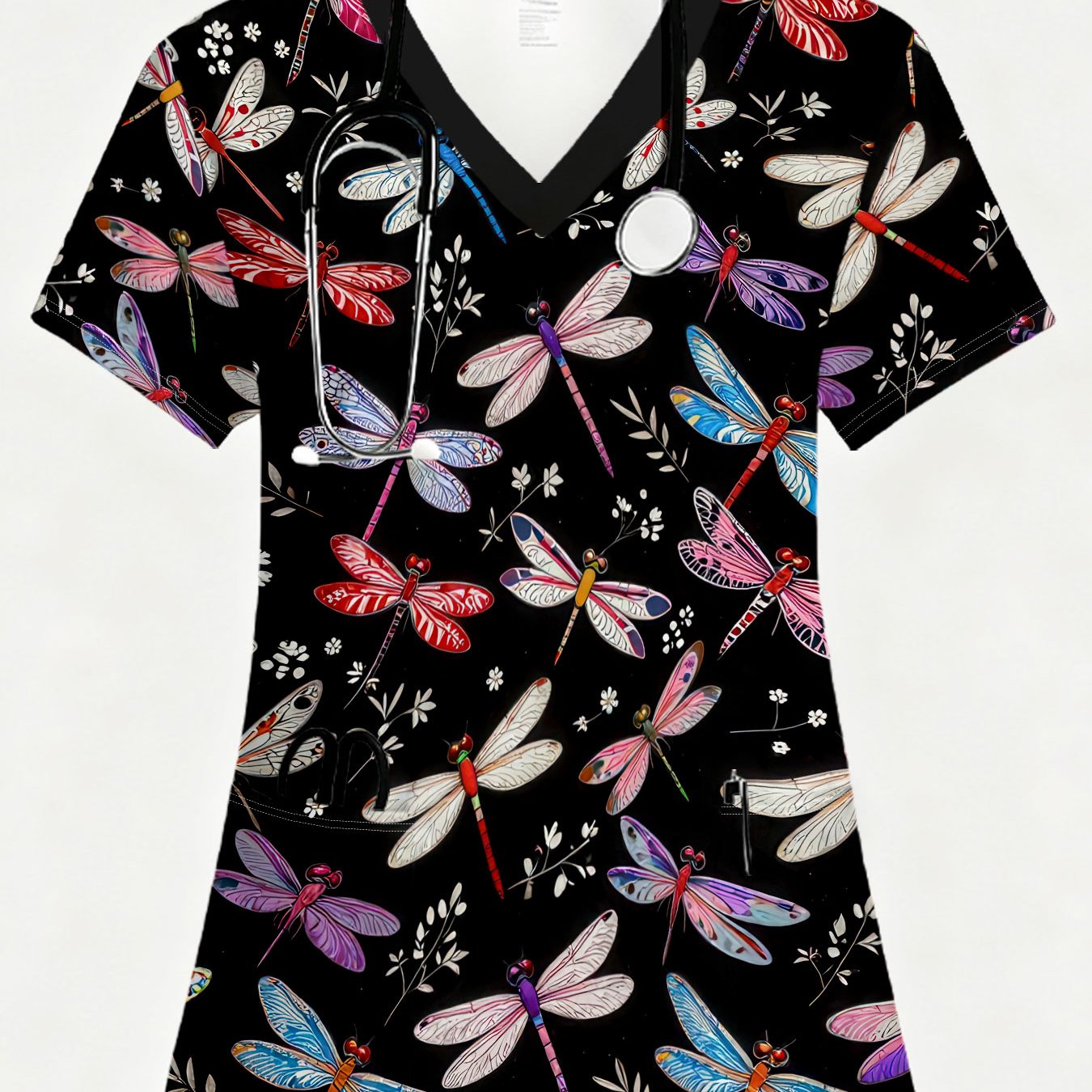 TEMU A Full Body Print, , 2 Pockets, V-neck Female Clothing Professional Top With Colorful Dragonflies And White Flowers Pattern Suitable For Salons