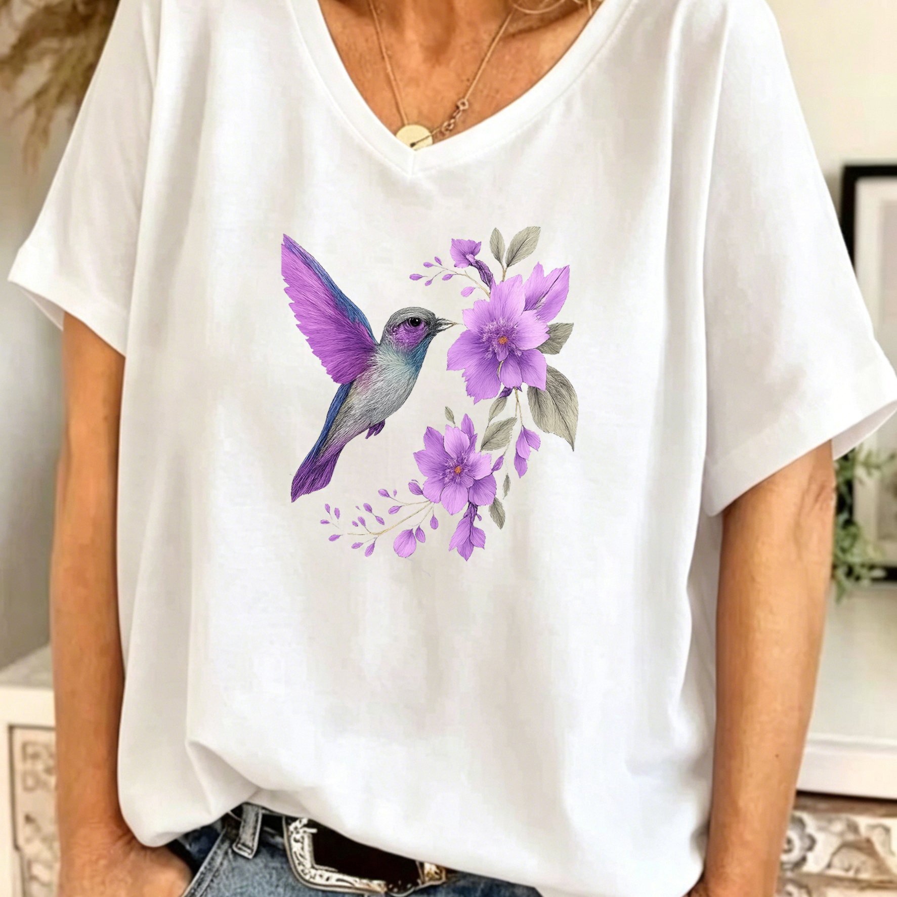 TEMU Plus Size, Plus Size Women's Oversized V Neck T Shirt Hummingbird Floral Graphic Soft Casual Short Sleeve Top