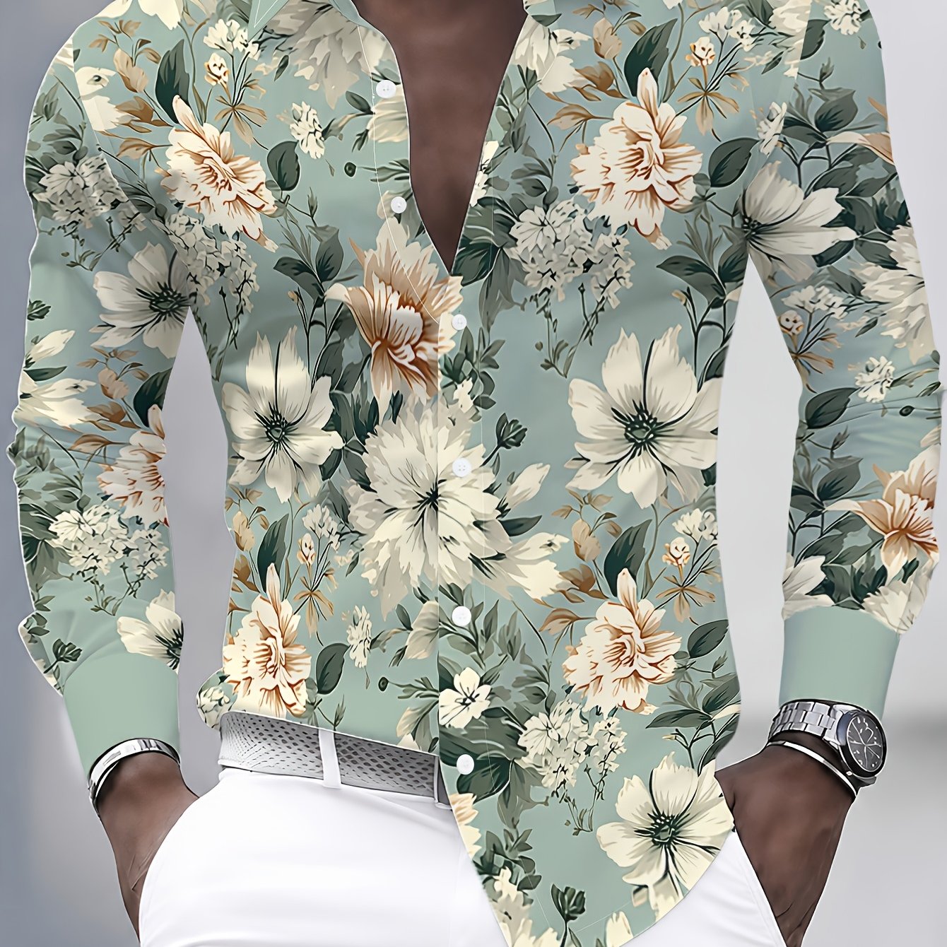 TEMU Men's Long Sleeve Shirt, Regular Fit Wrinkle-resistant Top, Men's Floral Vintage Style Shirt, Wrinkle-resistant Men's Long Sleeve Shirt,