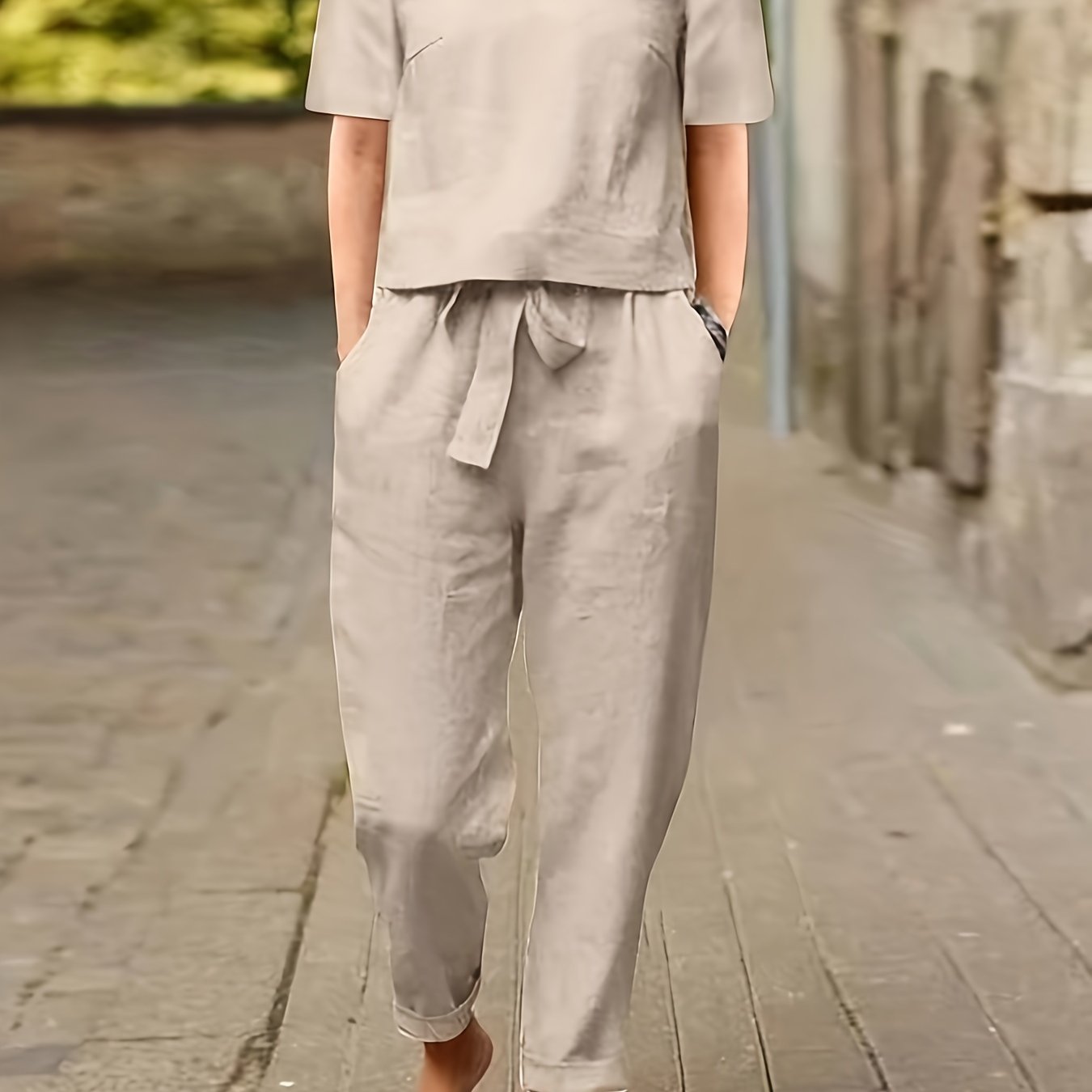 TEMU Casual Solid Color Pantsuit Set, Lightweight Short Sleeve Top & Adjustable Tie Waist Pants, Comfortable Loose Fit Outfit For , Women's Clothing