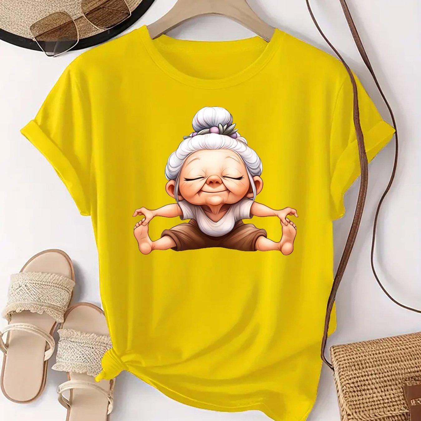 TEMU Estampado de yoga de , expresión y relajada. Estampado de individual Camiseta deportiva de moda casual de manga corta y cuello para mujer, top