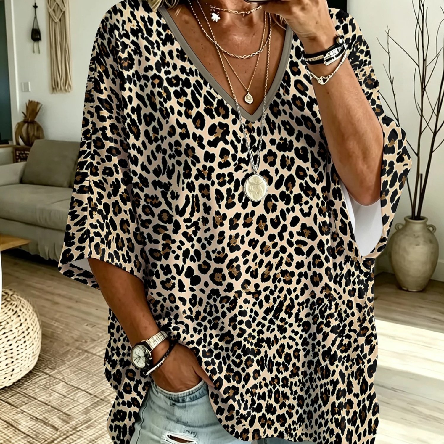 TEMU Plus Size Women's Leopard Print T-shirt, Fashionable , Suitable For Daily Wear, Shopping, And Dates, Premium Fabric, Comfortable And Breathable,