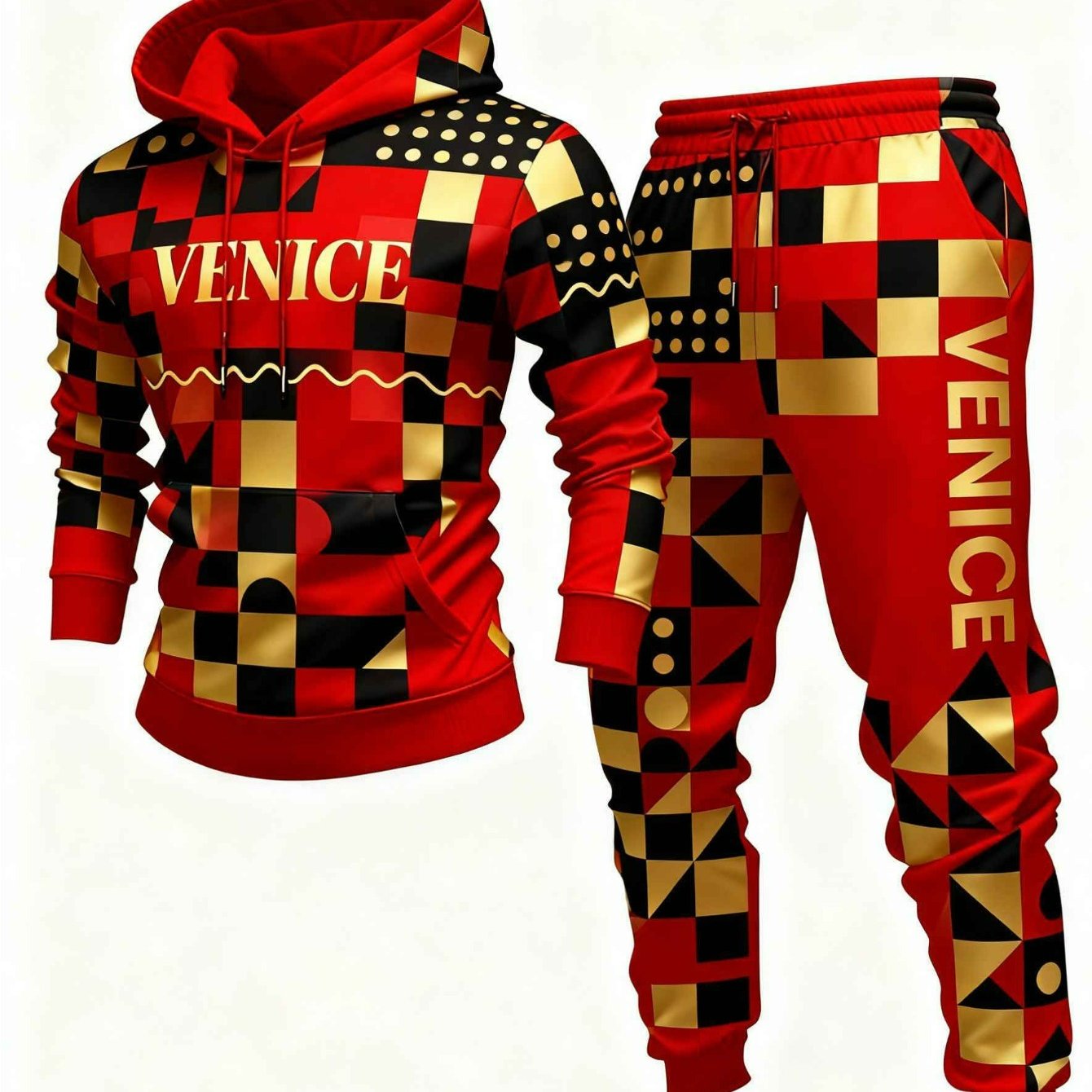 TEMU Ensemble 2 pièces automne et hiver pour homme 'VENI' à capuche avec impression géométrique, impression tendance et , tissus de haute qualité,