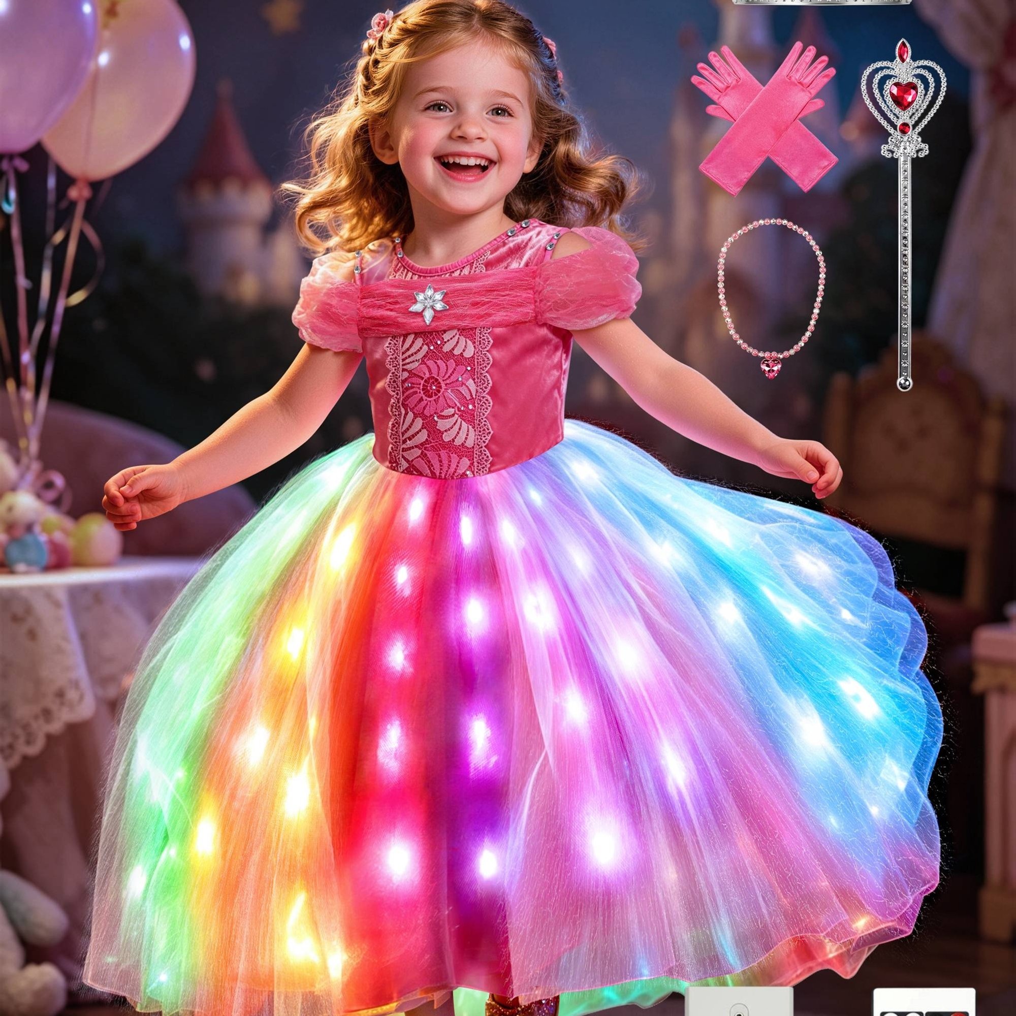 TEMU Girls Light Up Princess Carnival Wireless Voice Led Dress Christmas Halloween Prom Dress (batteries Not Included)