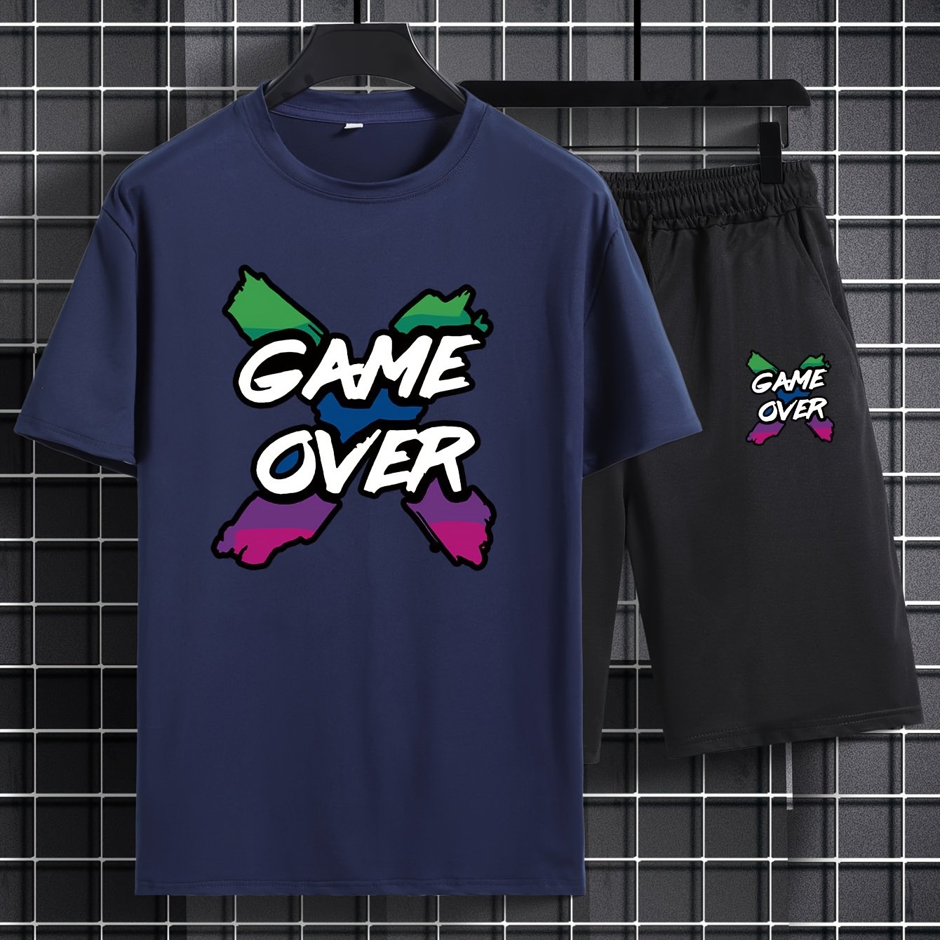 TEMU Plus Size Men's "game Over" Graphic Print T-shirt & Shorts Set For Summer, Men's Clothing