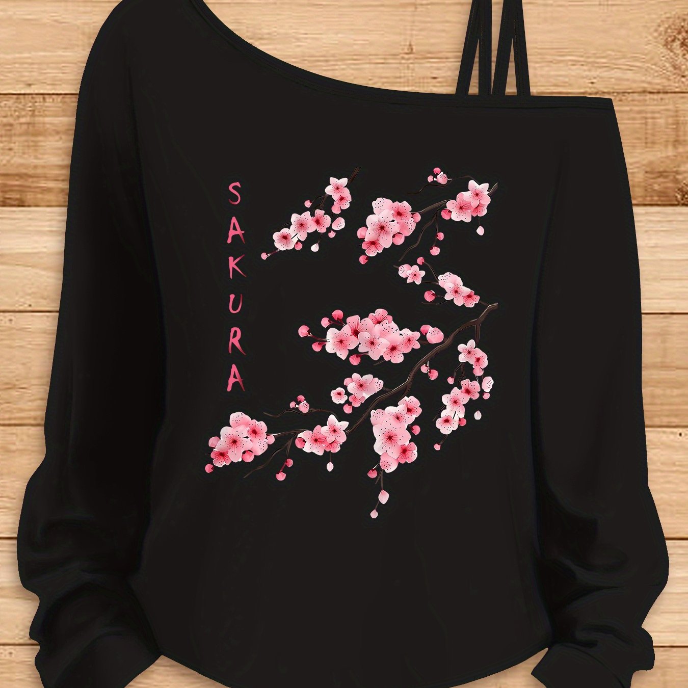 TEMU Cherry Pattern With Vertical Sakura Lettering, Pink Floral Branch Design, Sporty Casual , Loose And Elegant, Fashionable, Elastic,