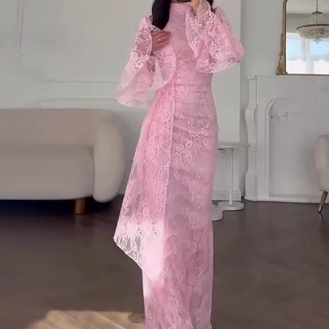 Image of Women's Elegant Lace Bodycon Maxi Dress, Long Sleeve Slim Fit Formal Party Evening Dress For Weddings And Special Occasions