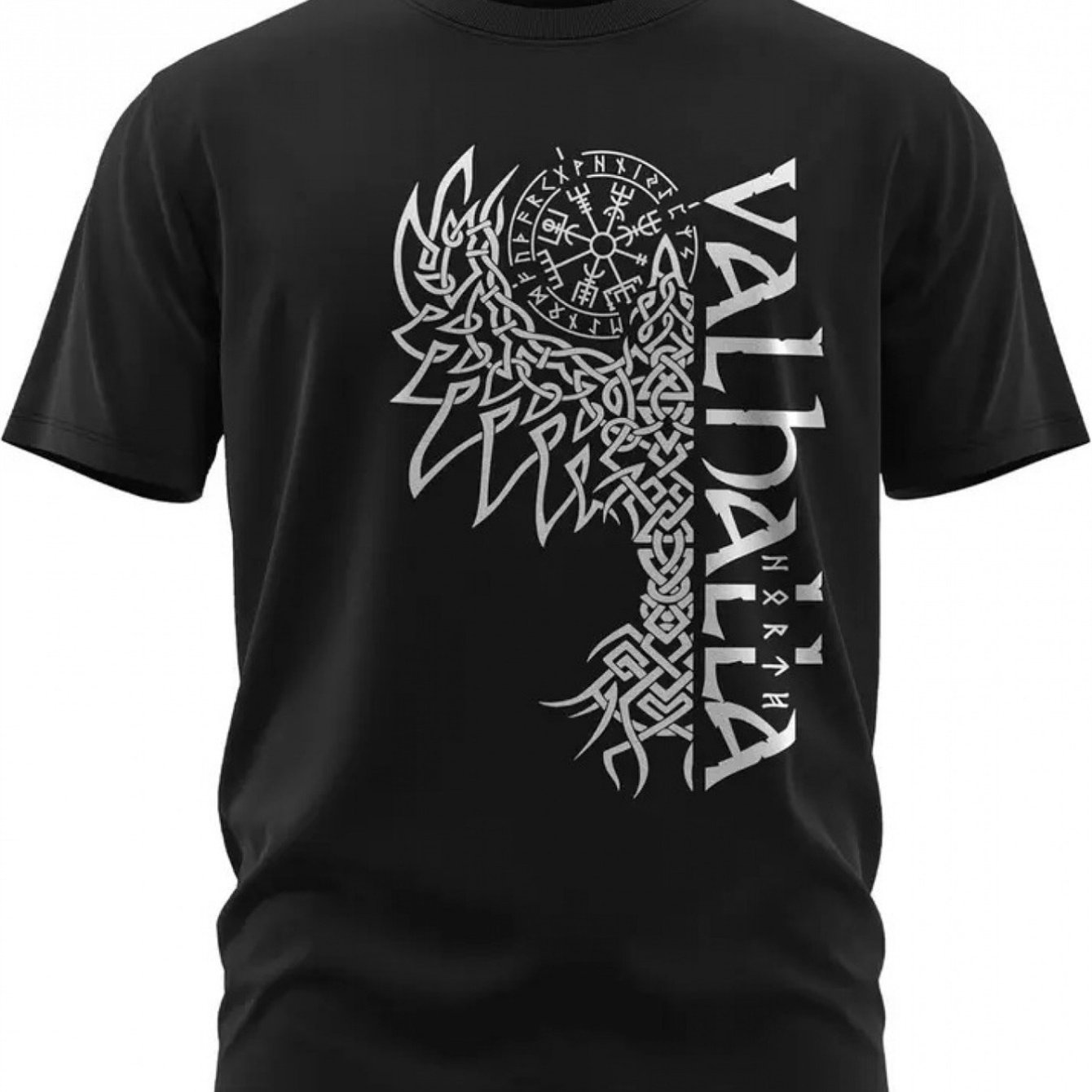 Image of Mythology Hugin And Graphic T-shirt - Black With White Runes And , Loose Short Sleeve Shirt For Men, , Sizes S-3xl, Everyday Outfit, Print, Comfortable Material