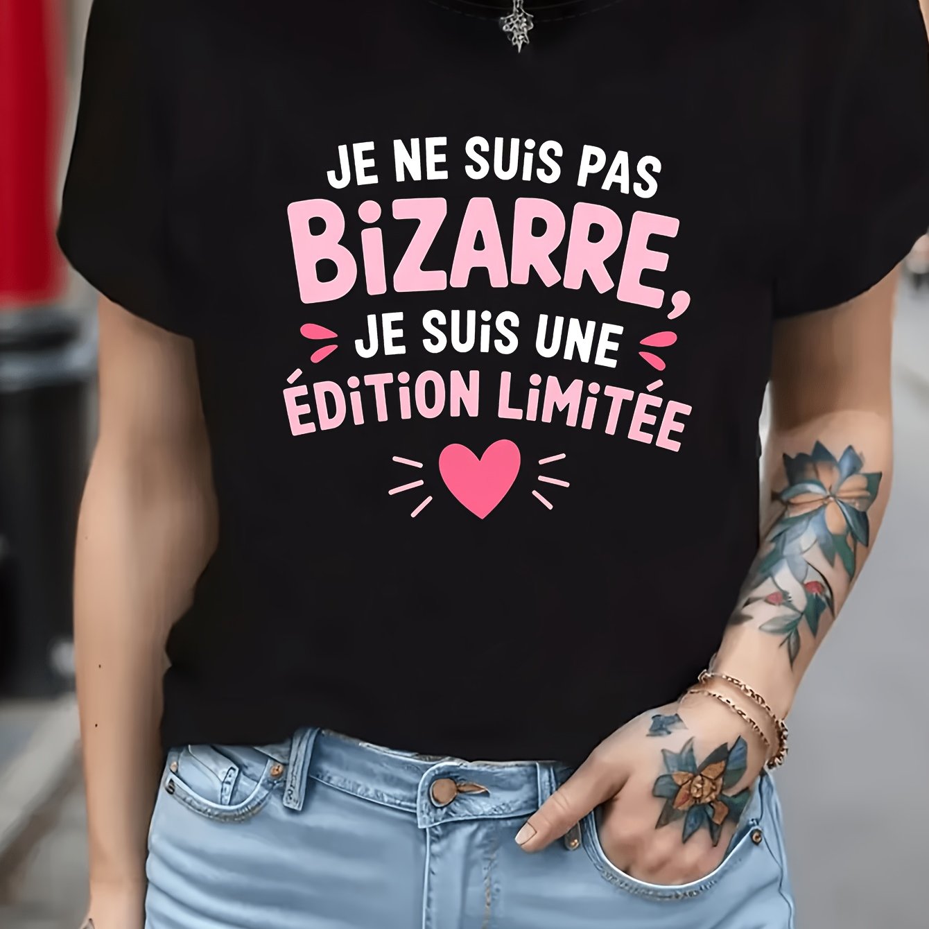 TEMU T-shirt pour femme avec française " Bizarre" - Haut à manches courtes avec lettrage français - Haut compatible | Style décontracté à col rond